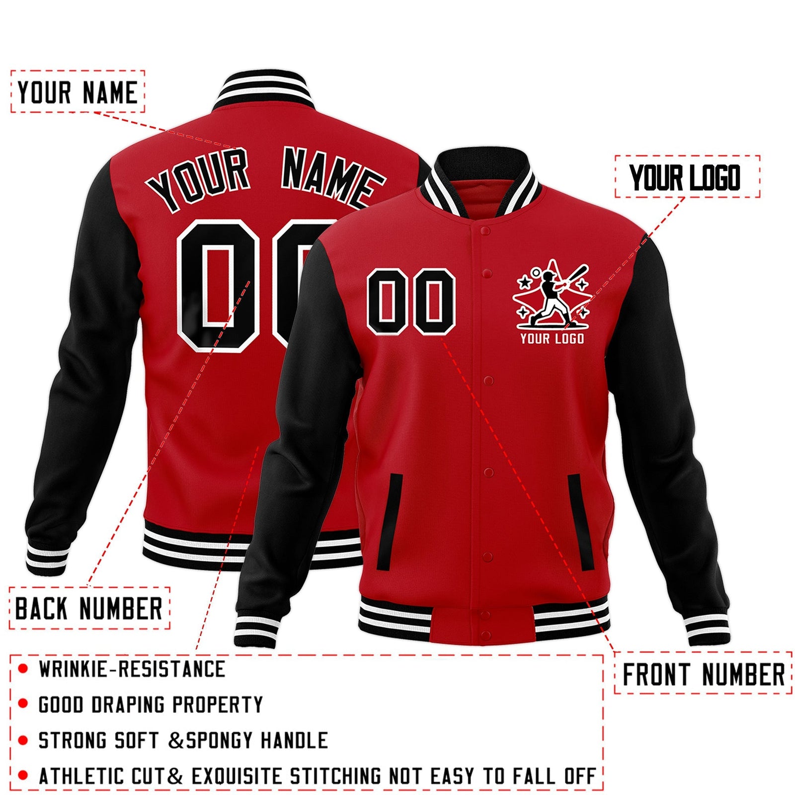 Custom Red Black White Raglan Sleeves Full-Snap Letterman Cotton Fabric Jacket| KXKSHOP