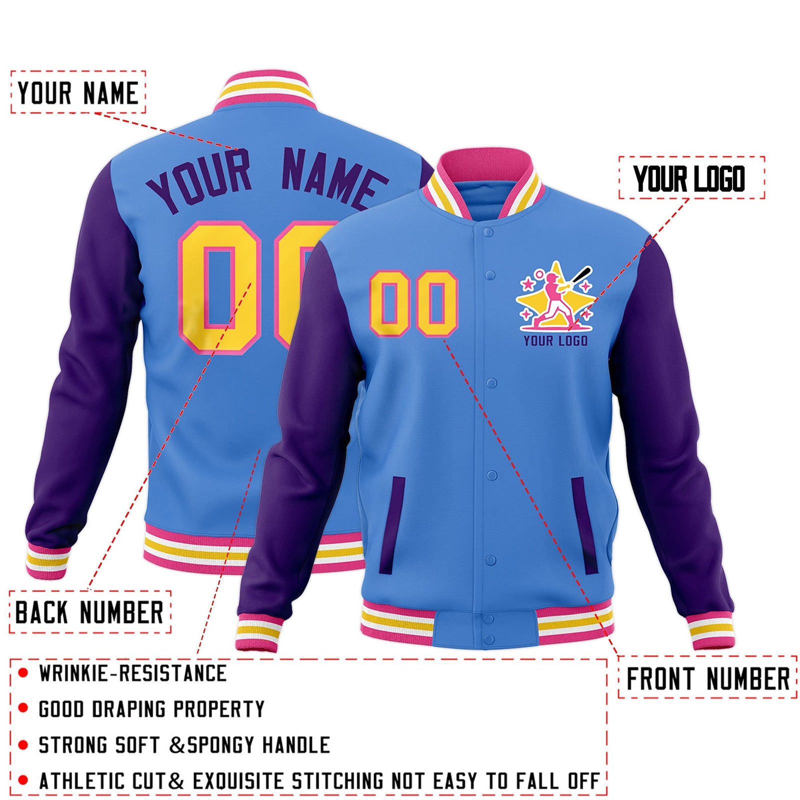 Custom Powder Blue Purple Pink Raglan Sleeves Full-Snap Letterman Cotton Fabric Jacket| KXKSHOP