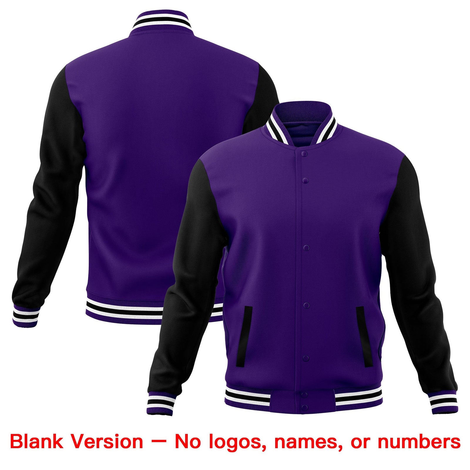 Custom Black Purple White Raglan Sleeves Full-Snap Letterman Cotton Fabric Jacket| KXKSHOP