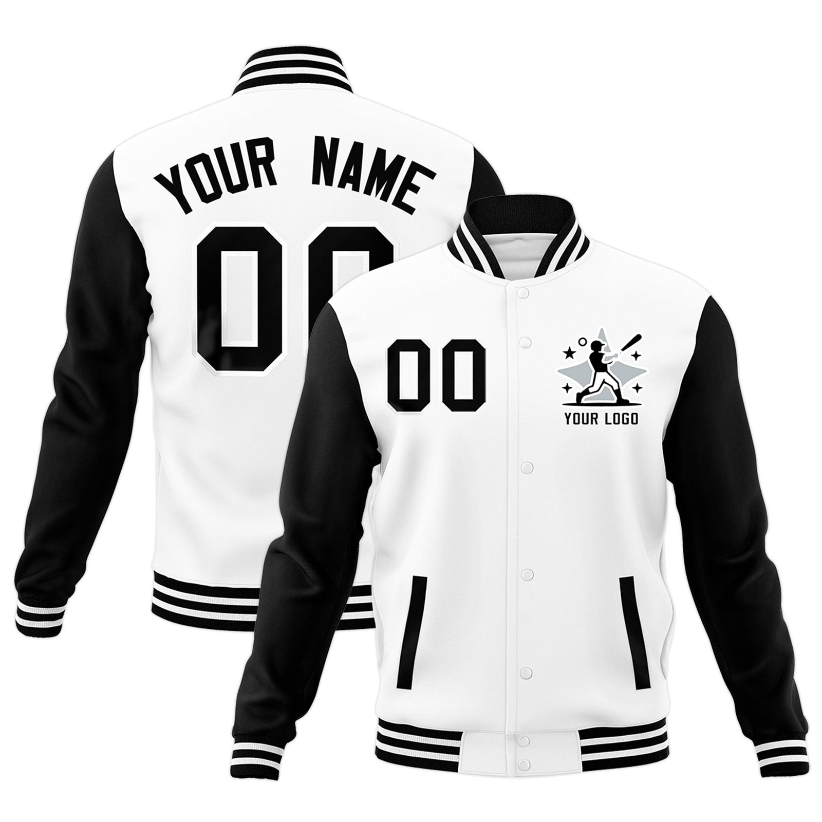 Custom White Black Raglan Sleeves Full-Snap Letterman Cotton Fabric Jacket| KXKSHOP