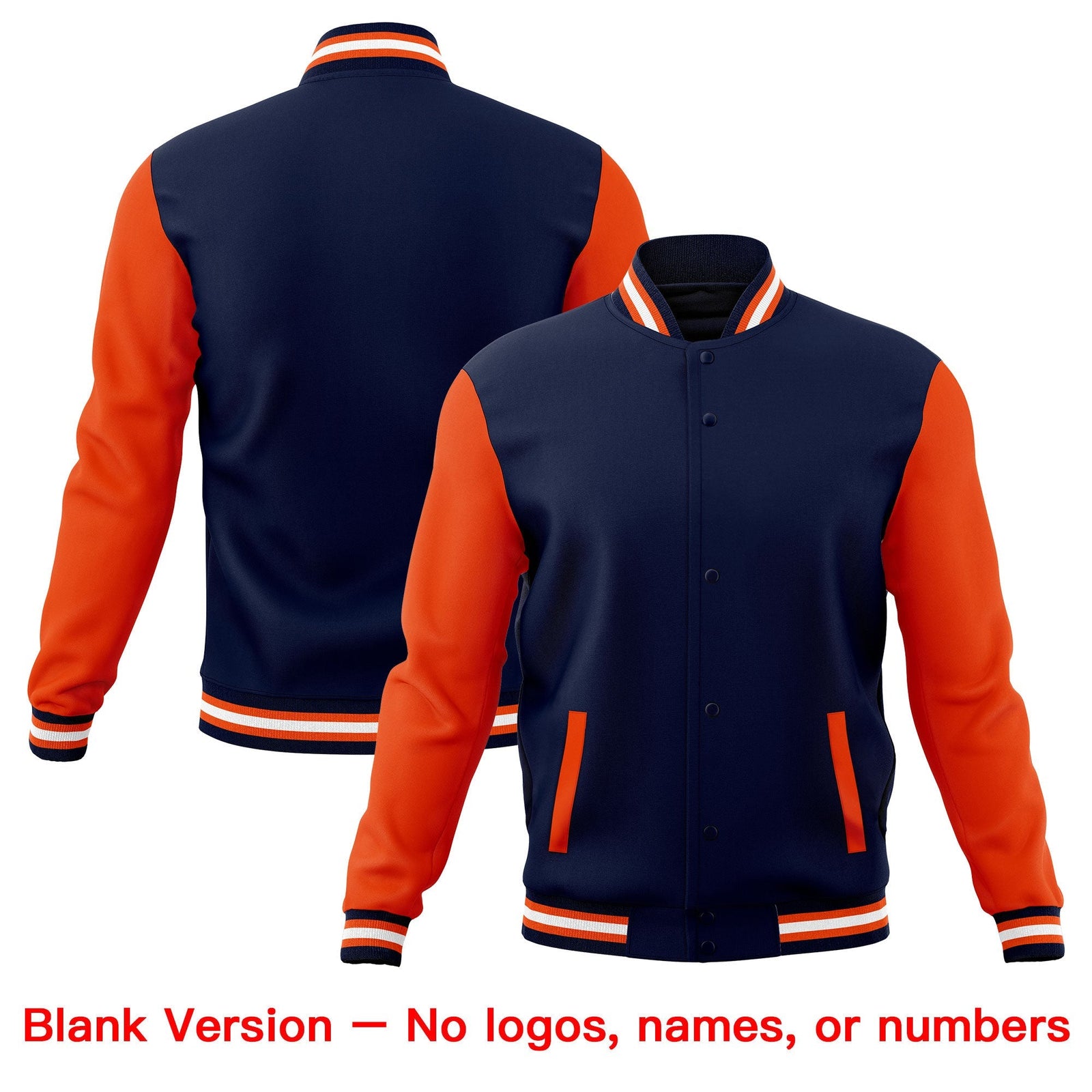 Custom Navy Orange White Raglan Sleeves Full-Snap Letterman Cotton Fabric Jacket| KXKSHOP