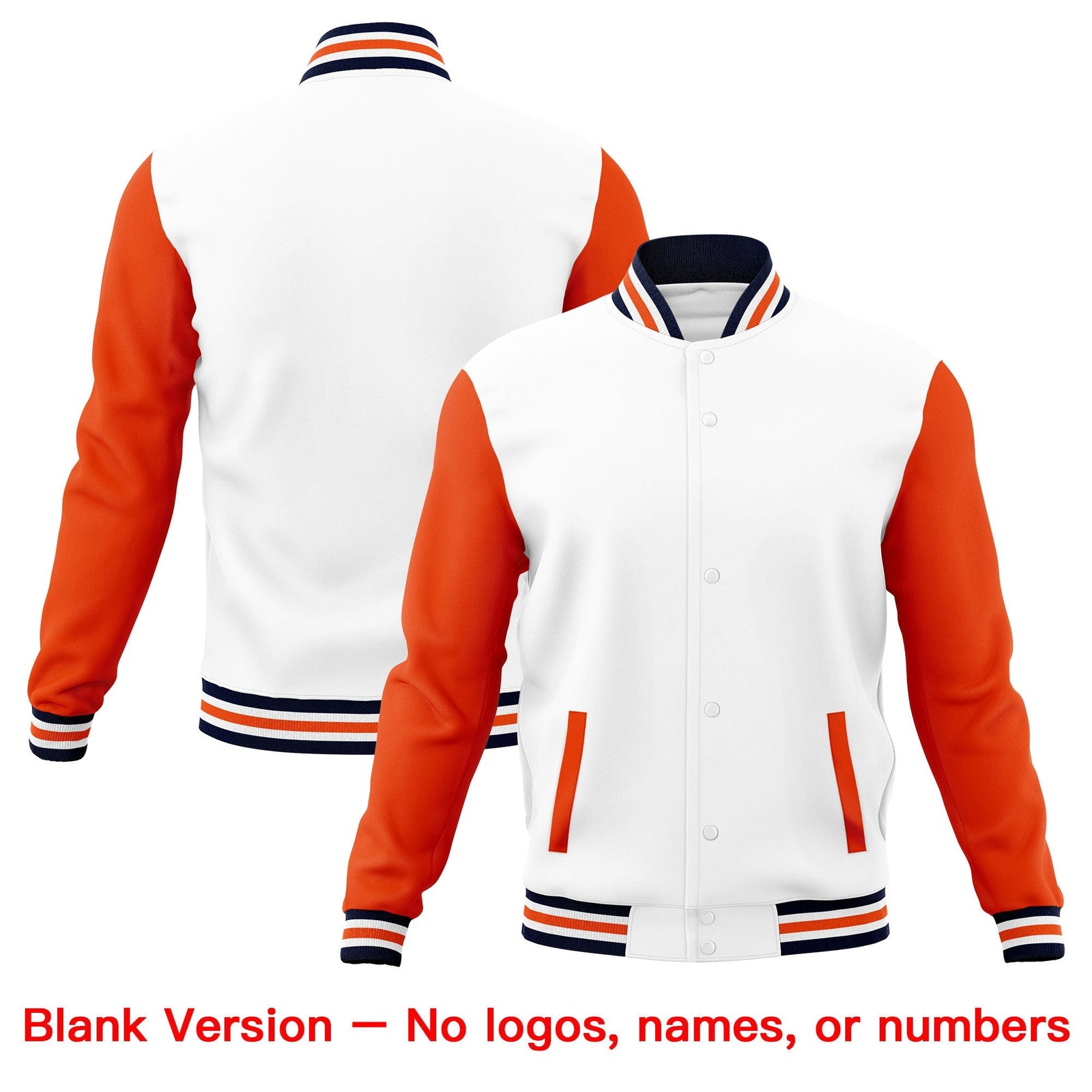 Custom White Orange Navy Raglan Sleeves Full-Snap Letterman Cotton Fabric Jacket| KXKSHOP