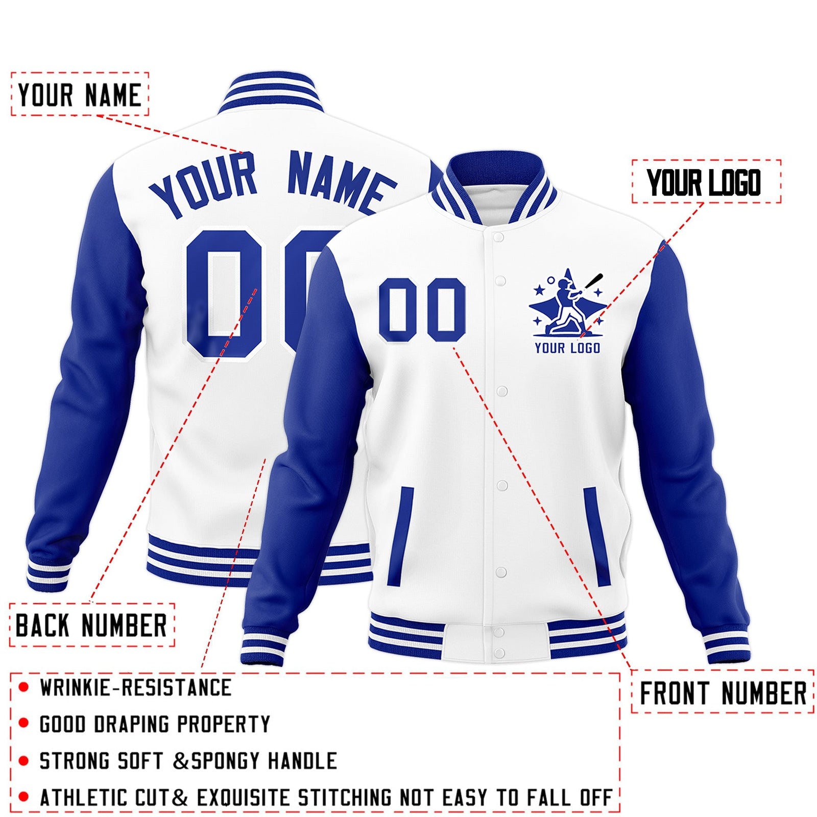 Custom White Royal Blue Raglan Sleeves Full-Snap Letterman Cotton Fabric Jacket| KXKSHOP