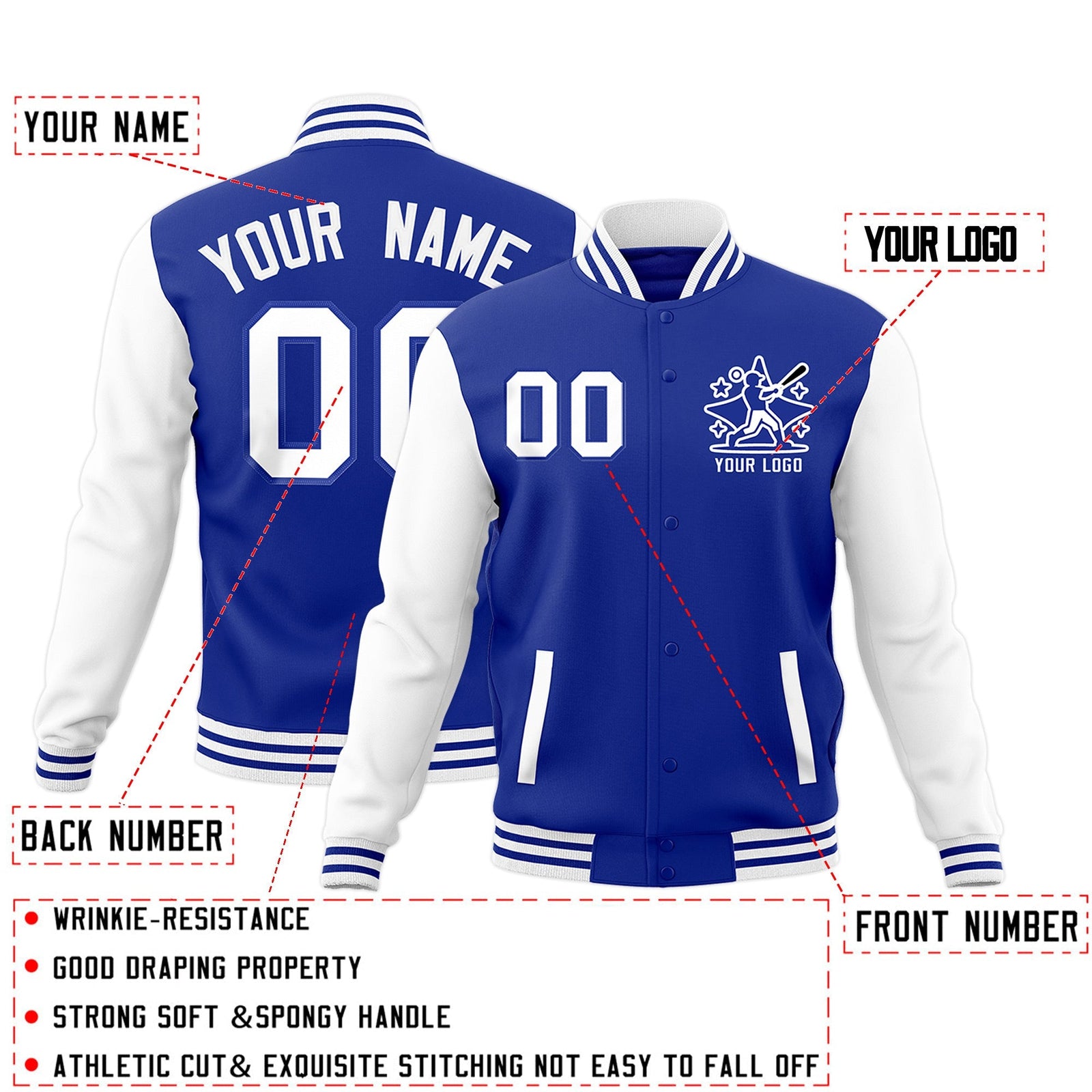 Custom Royal Blue White Raglan Sleeves Full-Snap Letterman Cotton Fabric Jacket| KXKSHOP