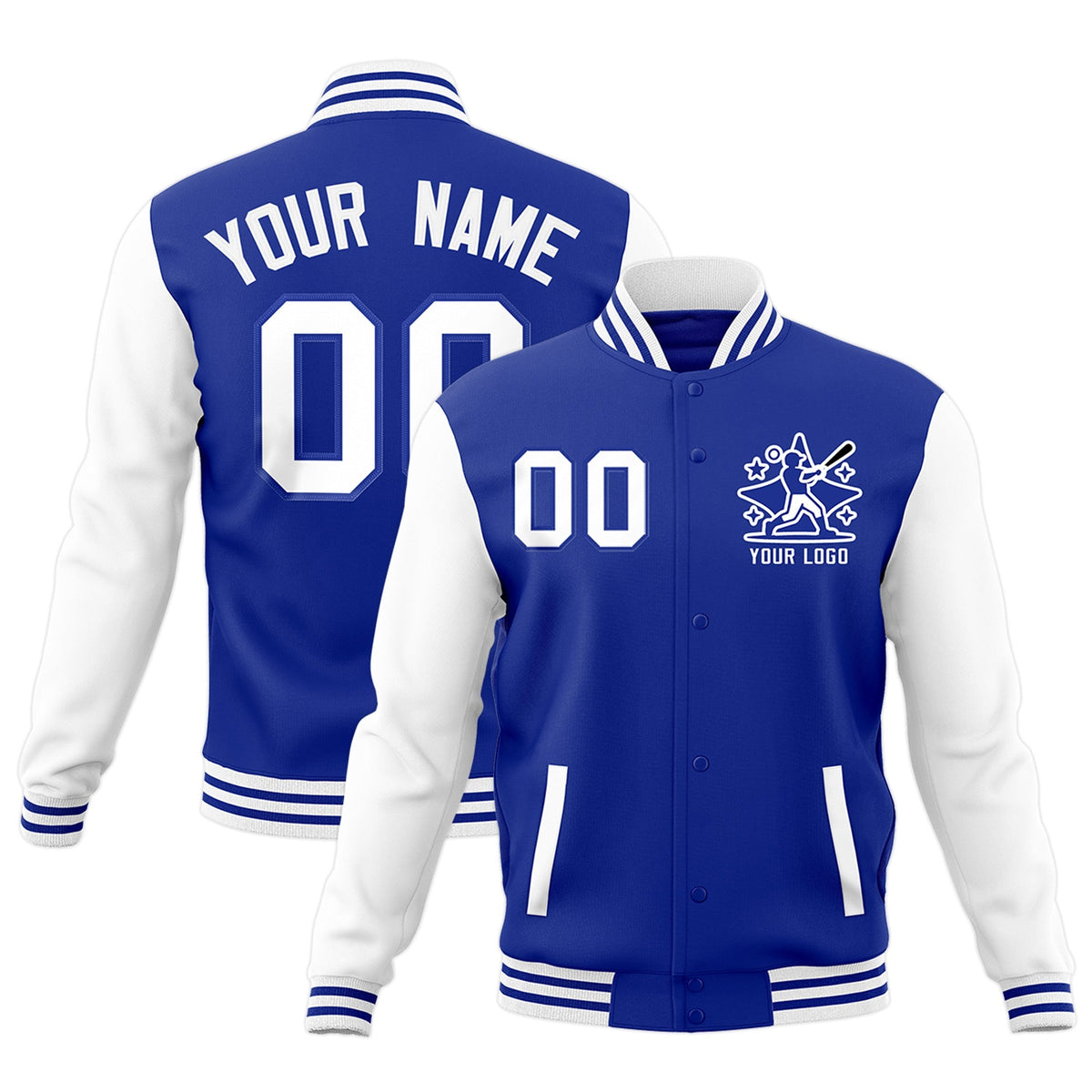Custom Royal Blue White Raglan Sleeves Full-Snap Letterman Cotton Fabric Jacket| KXKSHOP