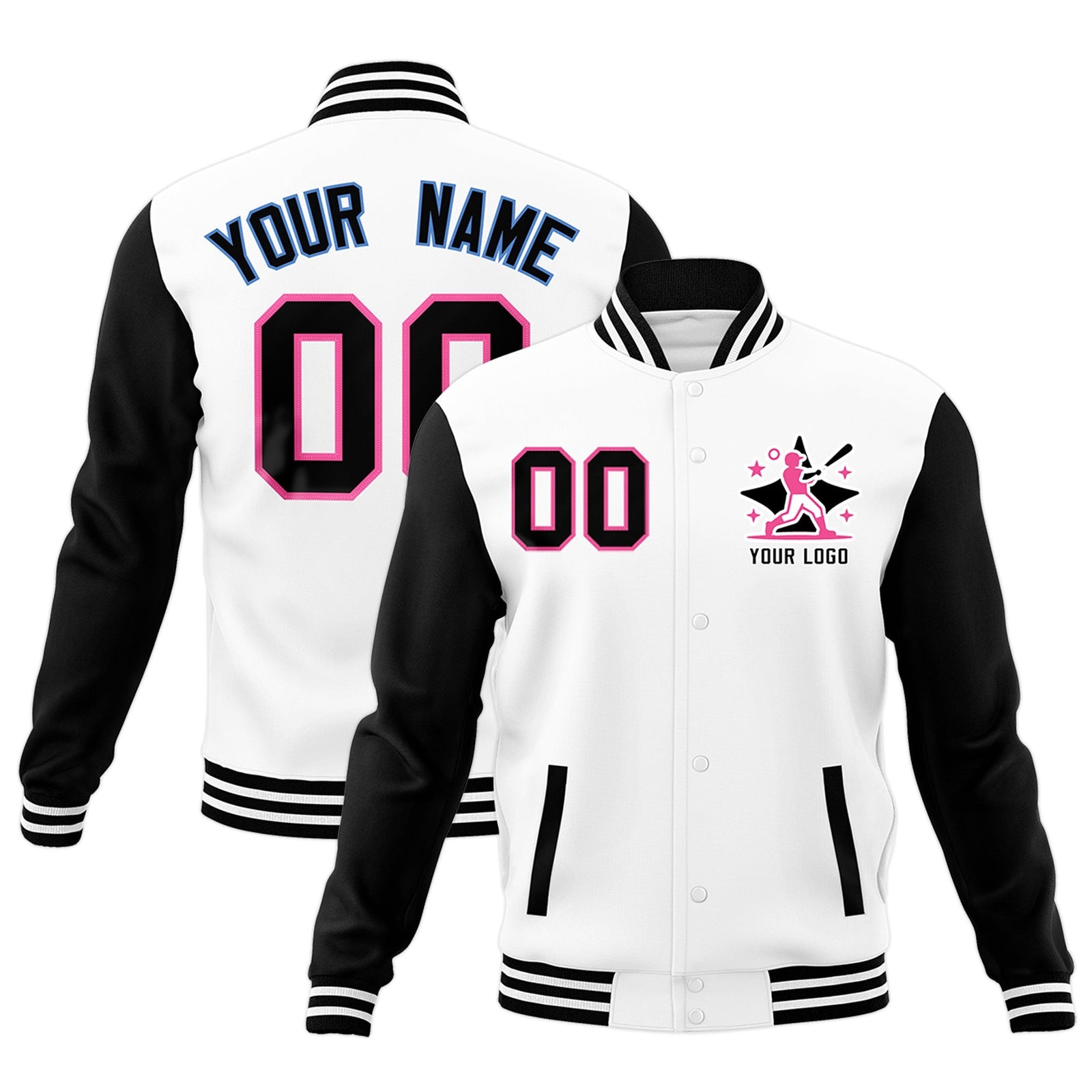 Custom White Black Pink Raglan Sleeves Full-Snap Letterman Cotton Fabric Jacket| KXKSHOP