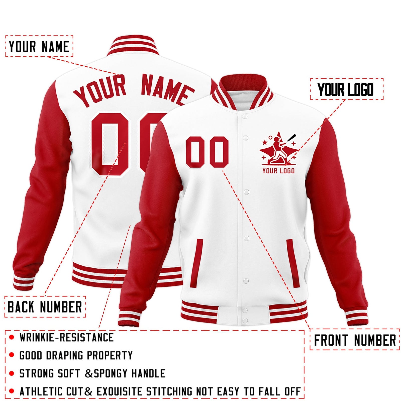 Custom Red White Raglan Sleeves Full-Snap Letterman Cotton Fabric Jacket| KXKSHOP