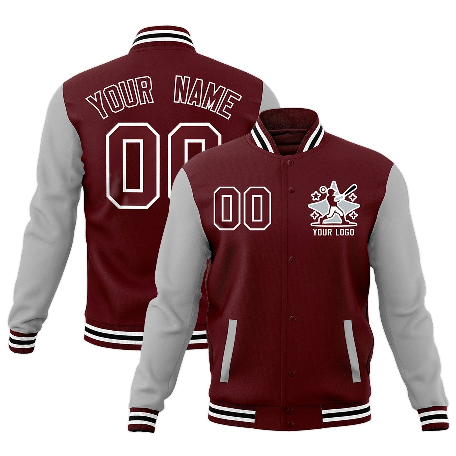 Custom Crimson Gray White Raglan Sleeves Full-Snap Letterman Cotton Fabric Jacket| KXKSHOP