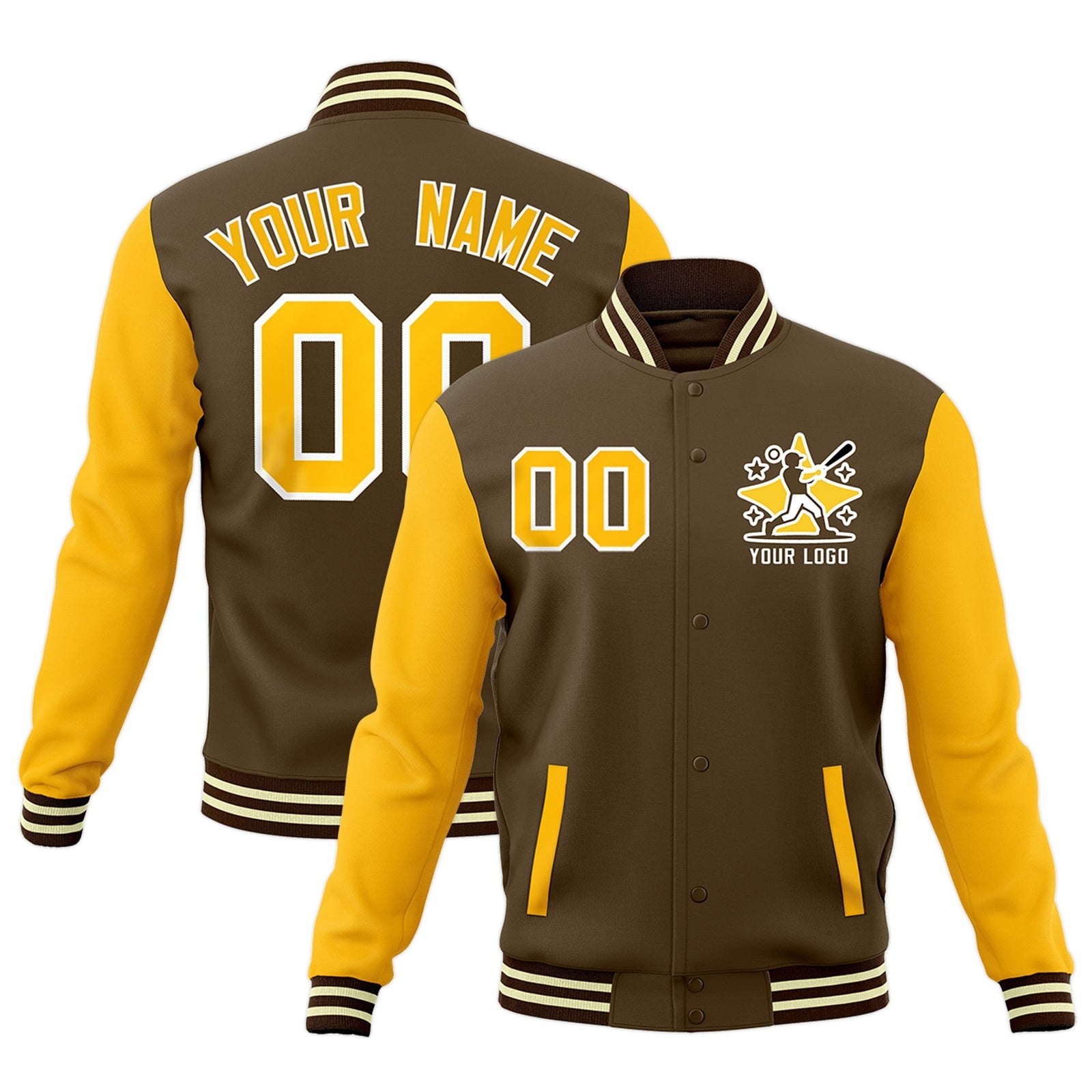 Custom Yellow Light Brown Cream Raglan Sleeves Full-Snap Letterman Cotton Fabric Jacket| KXKSHOP
