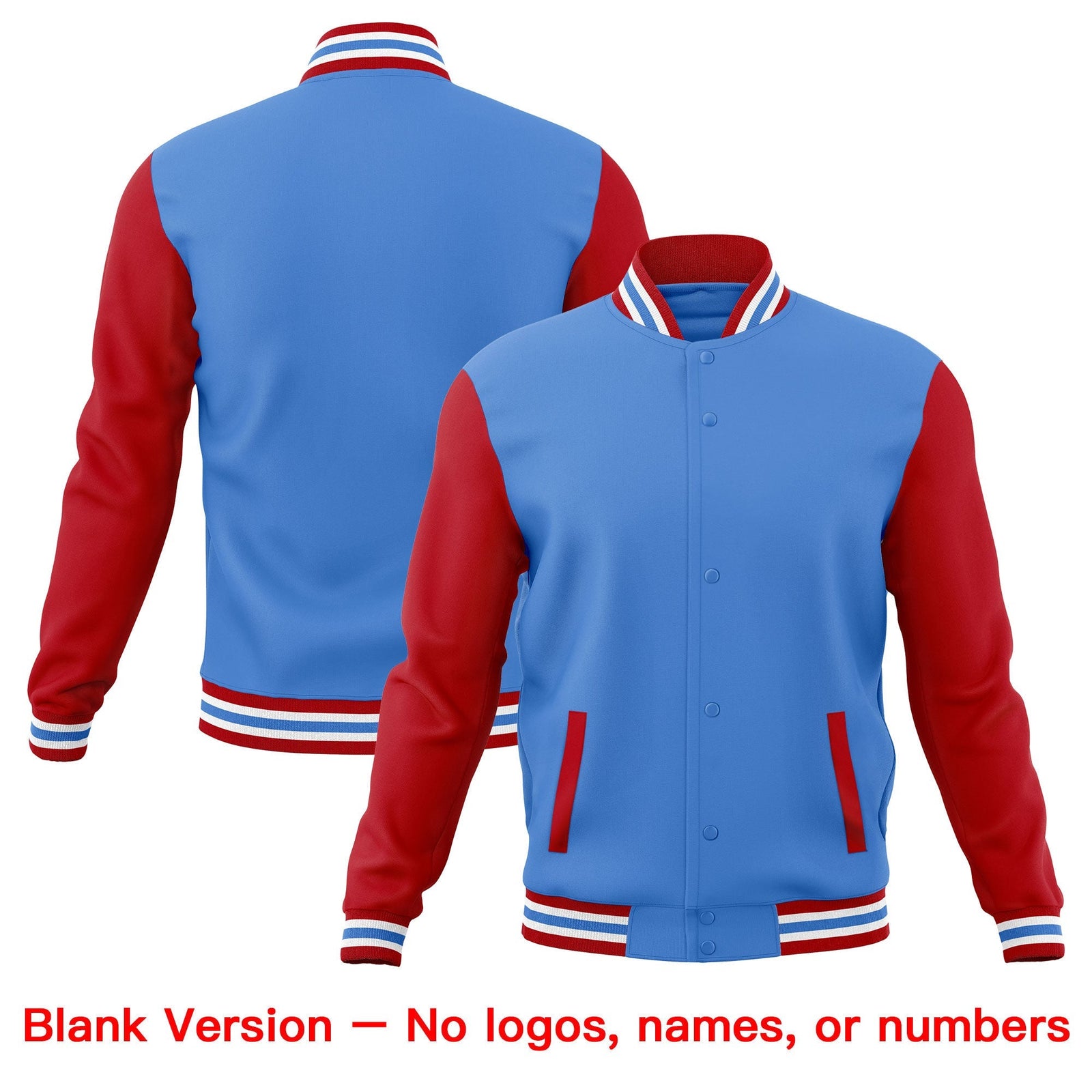 Custom Powder Blue Red White Raglan Sleeves Full-Snap Letterman Cotton Fabric Jacket| KXKSHOP
