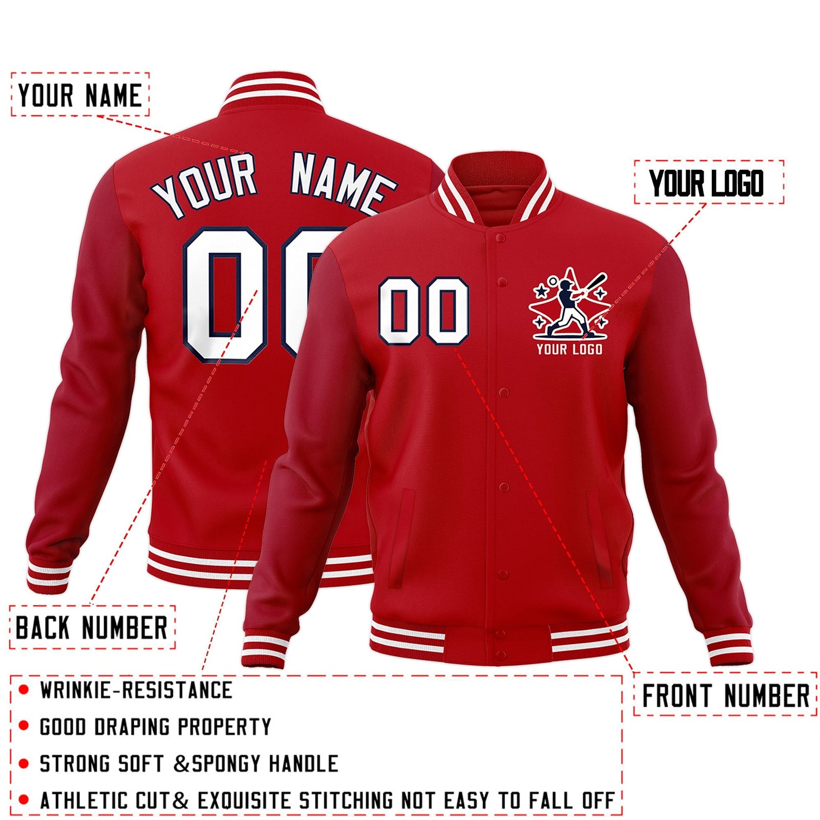 Custom Red White Navy Raglan Sleeves Full-Snap Letterman Cotton Fabric Jacket| KXKSHOP