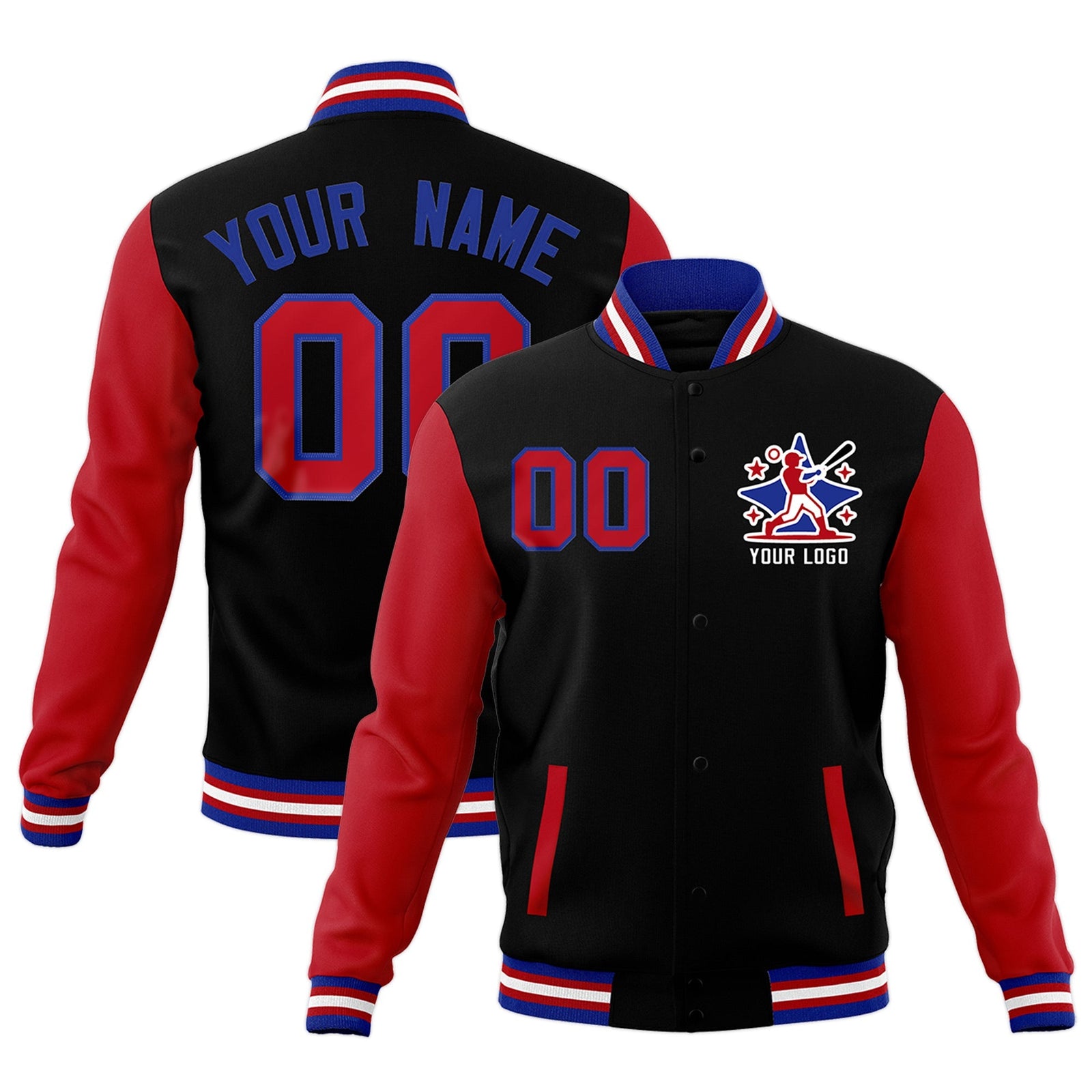 Custom Black Red Royal Blue Raglan Sleeves Full-Snap Letterman Cotton Fabric Jacket| KXKSHOP