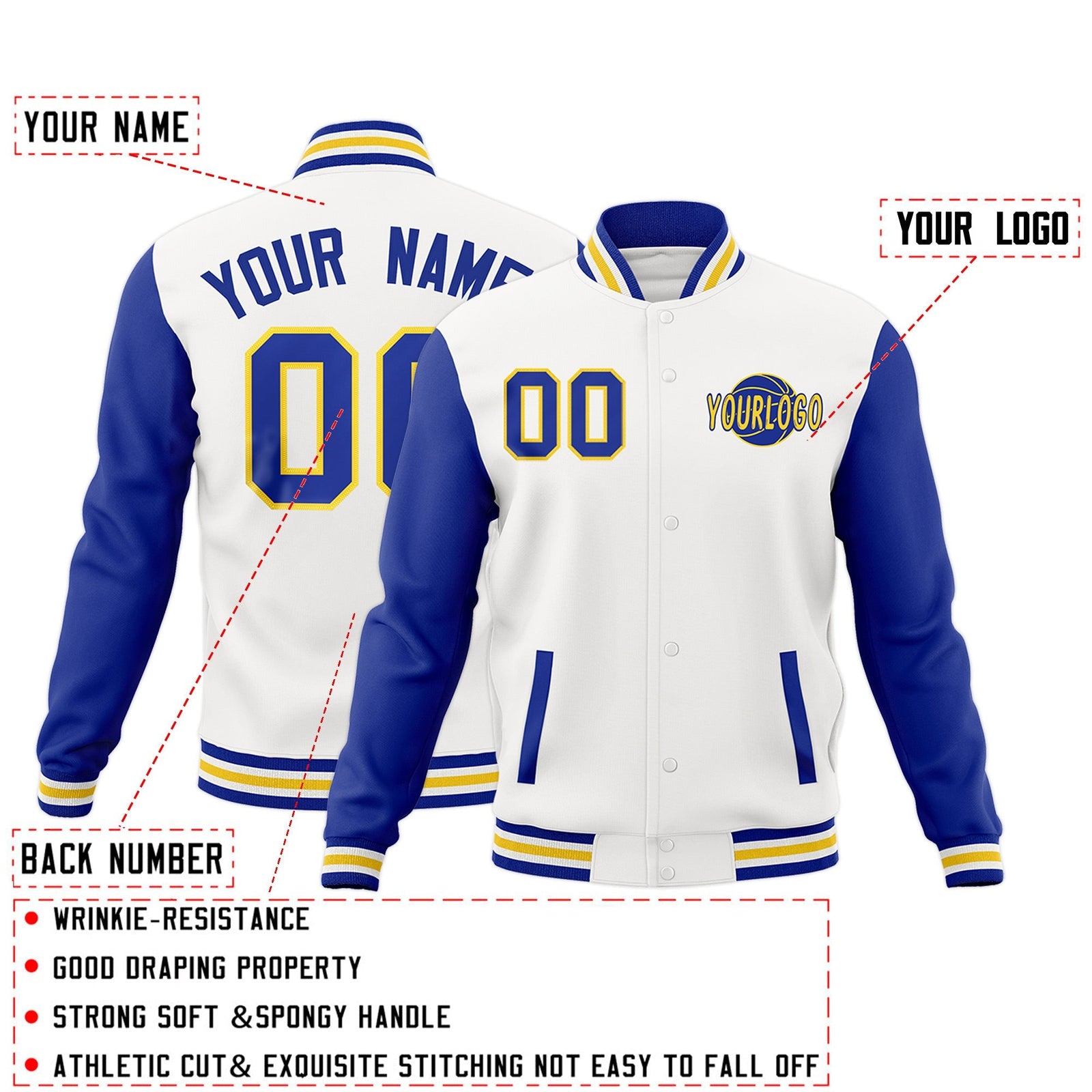 Custom White Royal Blue Raglan Sleeves Classic Style Letterman Cotton Fabric Jacket| KXKSHOP