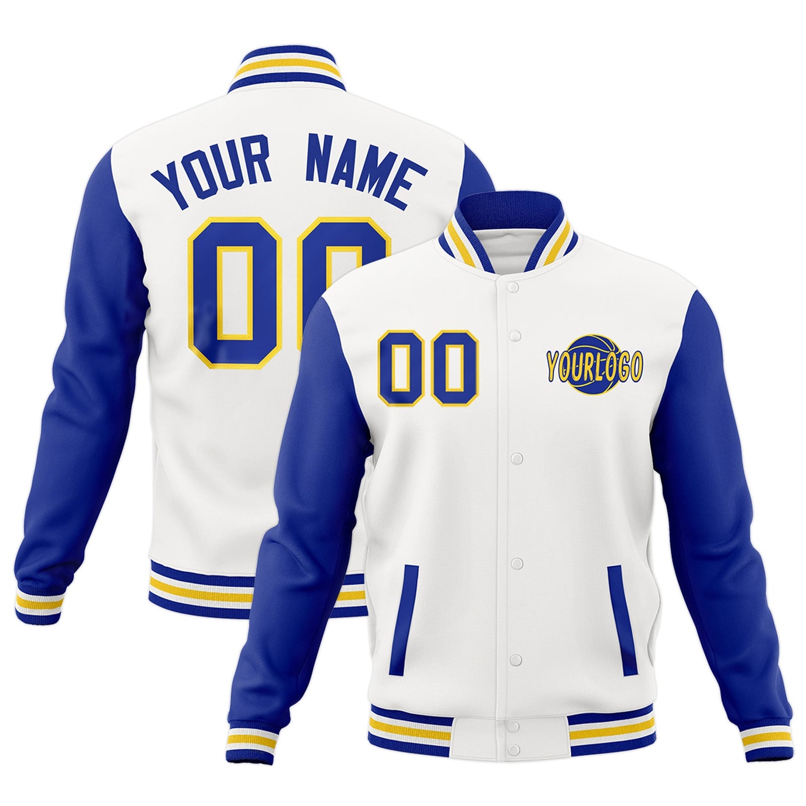 Custom White Royal Blue Raglan Sleeves Classic Style Letterman Cotton Fabric Jacket| KXKSHOP