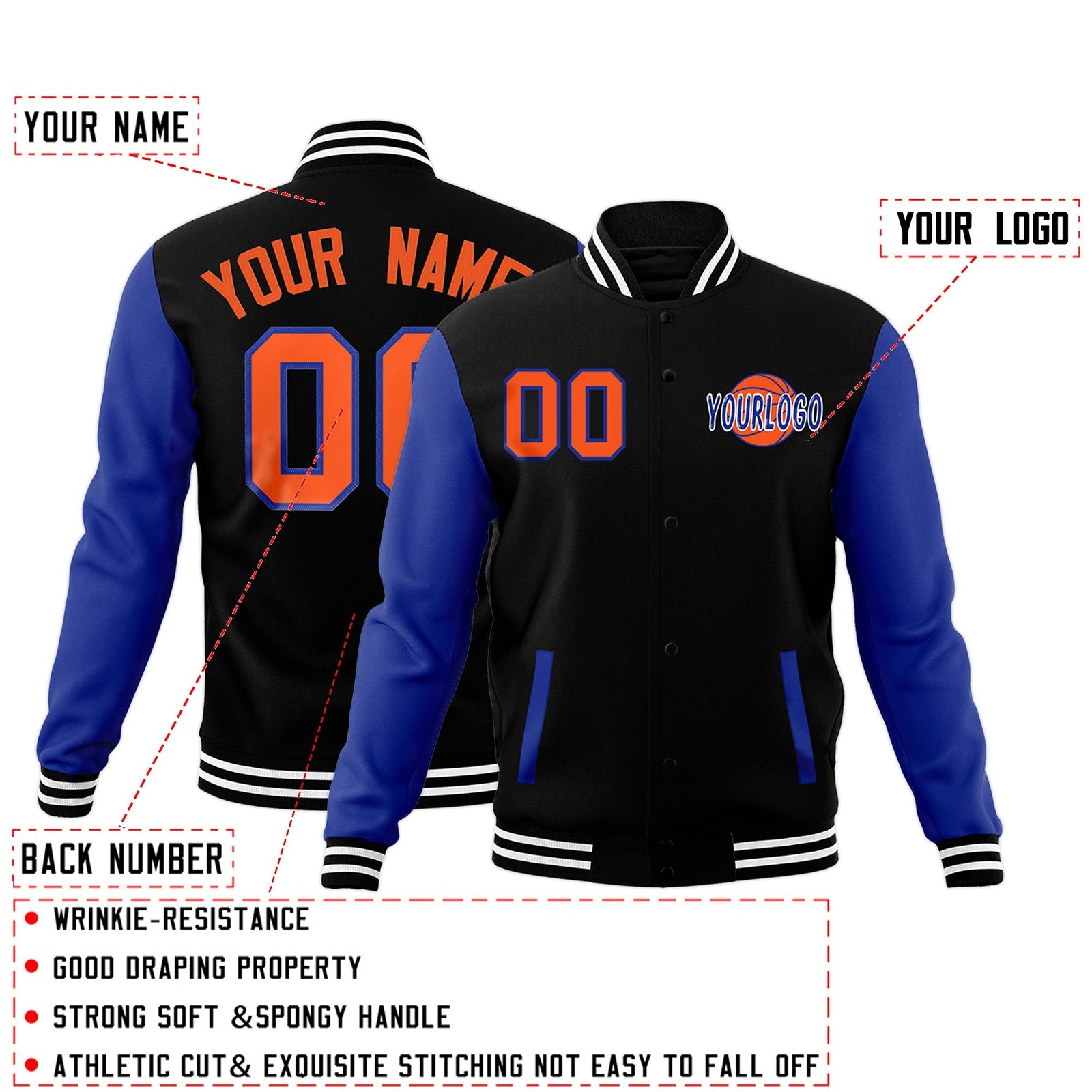 Custom Royal Blue Black Raglan Sleeves Classic Style Letterman Cotton Fabric Jacket| KXKSHOP