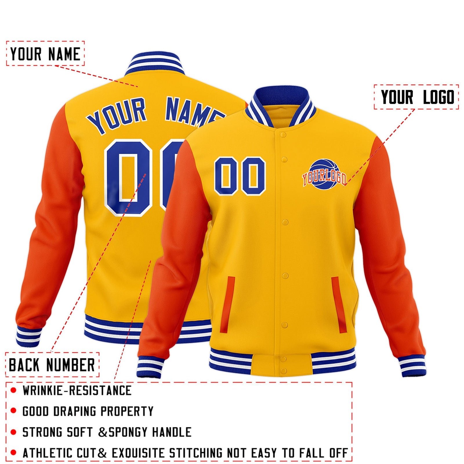Custom Orange Royal Blue White Raglan Sleeves Classic Style Letterman Cotton Fabric Jacket| KXKSHOP
