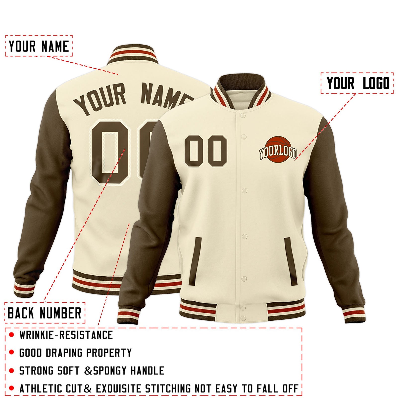 Custom Cream Light Brown Dark Orange Raglan Sleeves Classic Style Letterman Cotton Fabric Jacket| KXKSHOP