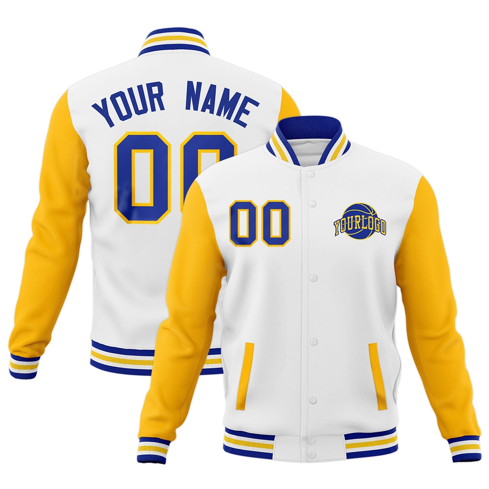 Custom White Royal Blue Gold Raglan Sleeves Classic Style Letterman Cotton Fabric Jacket| KXKSHOP