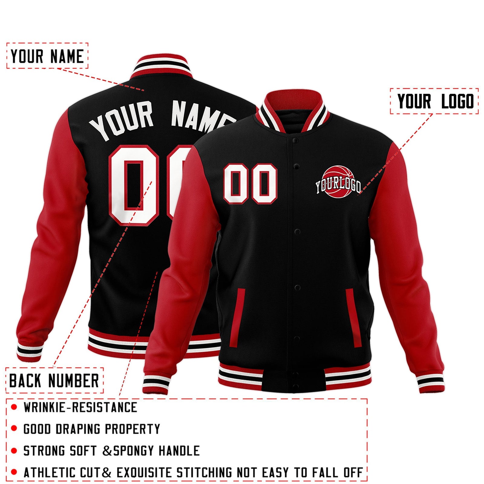 Custom Black Red Raglan Sleeves Classic Style Letterman Cotton Fabric Jacket| KXKSHOP