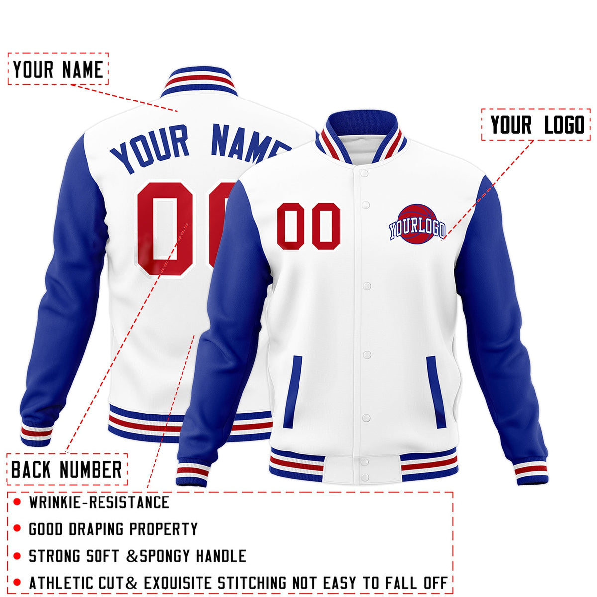 Custom White Royal Blue Red Raglan Sleeves Classic Style Letterman Cotton Fabric Jacket| KXKSHOP