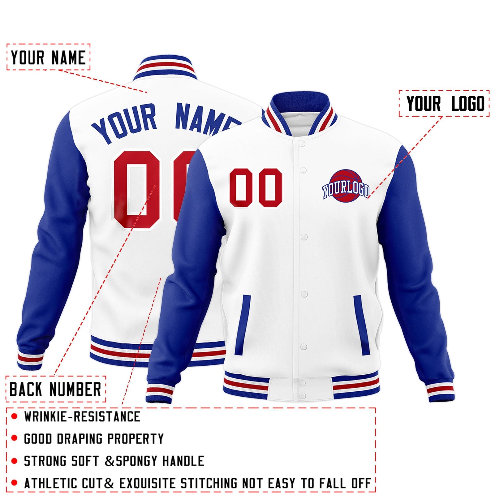 Custom White Royal Blue Red Raglan Sleeves Classic Style Letterman Cotton Fabric Jacket| KXKSHOP