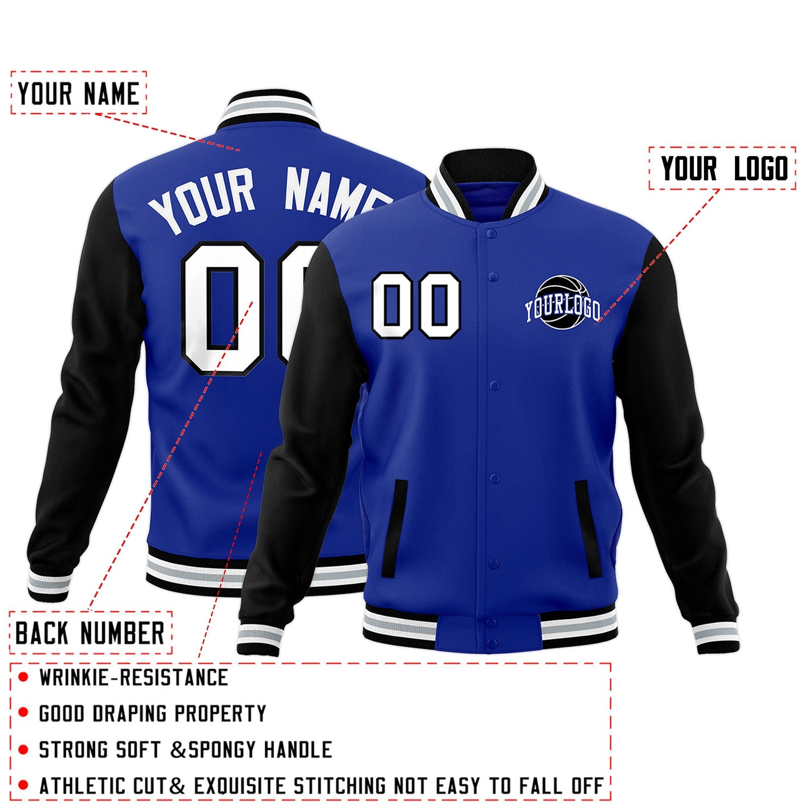 Custom Black Royal Blue Raglan Sleeves Classic Style Letterman Cotton Fabric Jacket| KXKSHOP