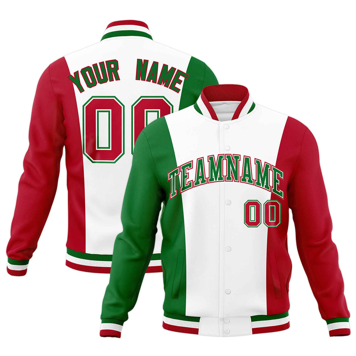 Custom White Kelly Green Red Personalization Varsity Full-Snap Three Color Blocks Letterman Jacket
