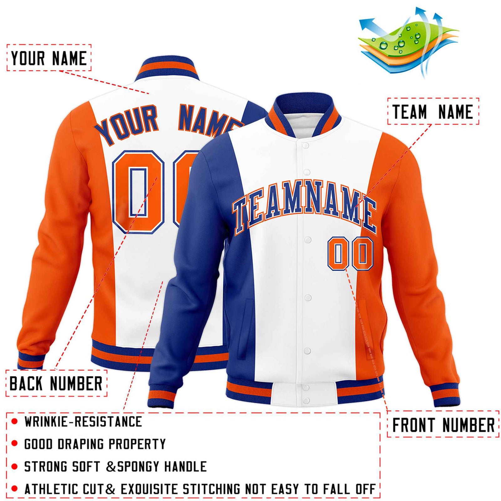 Custom White Royal Blue Orange Personalization Varsity Full-Snap Three Color Blocks Letterman Jacket