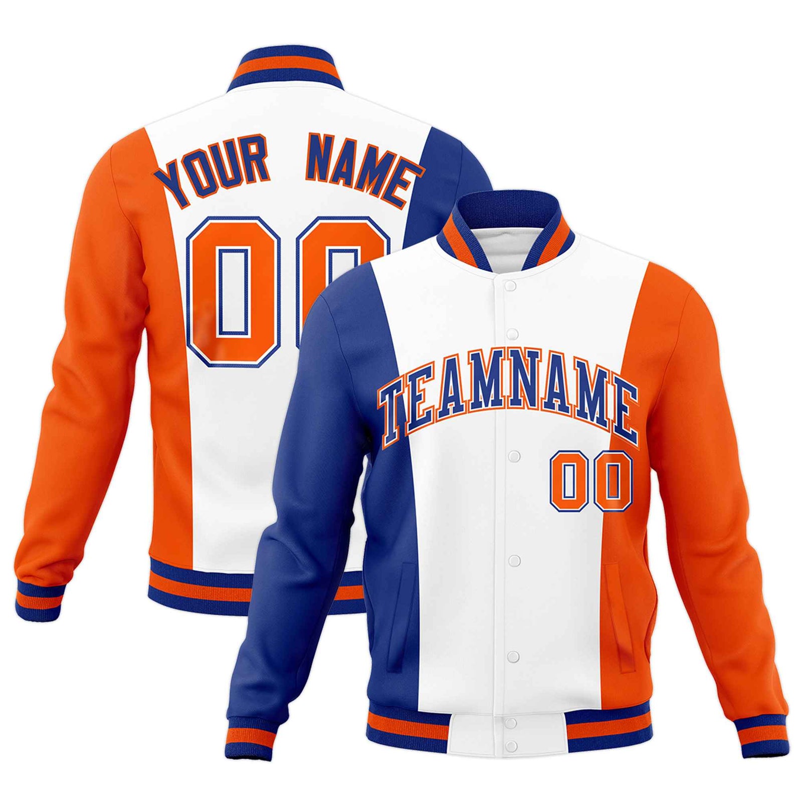 Custom White Royal Blue Orange Personalization Varsity Full-Snap Three Color Blocks Letterman Jacket