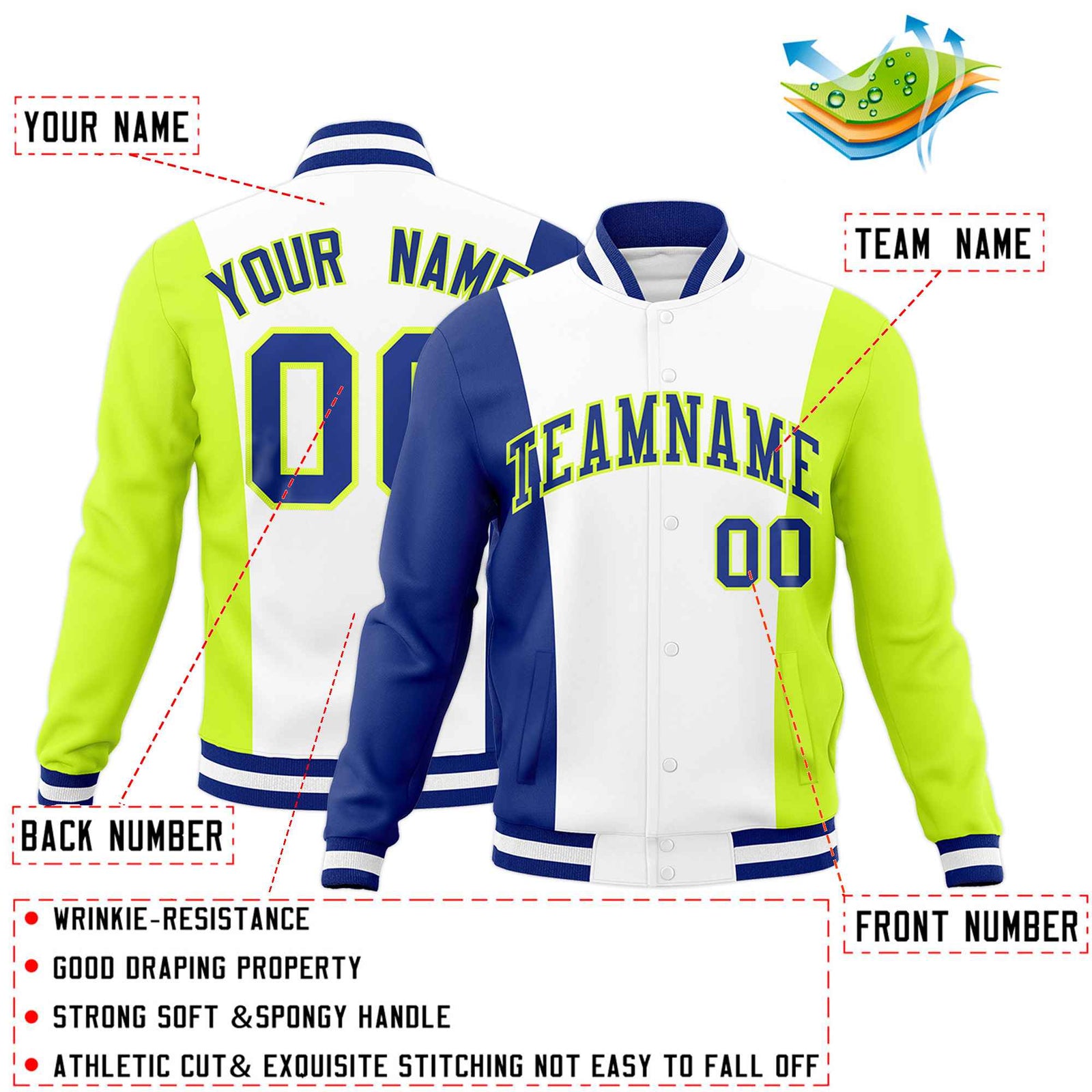 Custom White Royal Blue Fluorescent Green Personalization Varsity Full-Snap Three Color Blocks Letterman Jacket