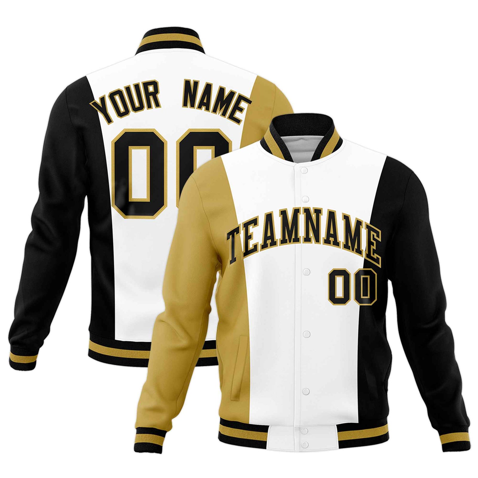 Custom White Old Gold Black Personalization Varsity Full-Snap Three Color Blocks Letterman Jacket