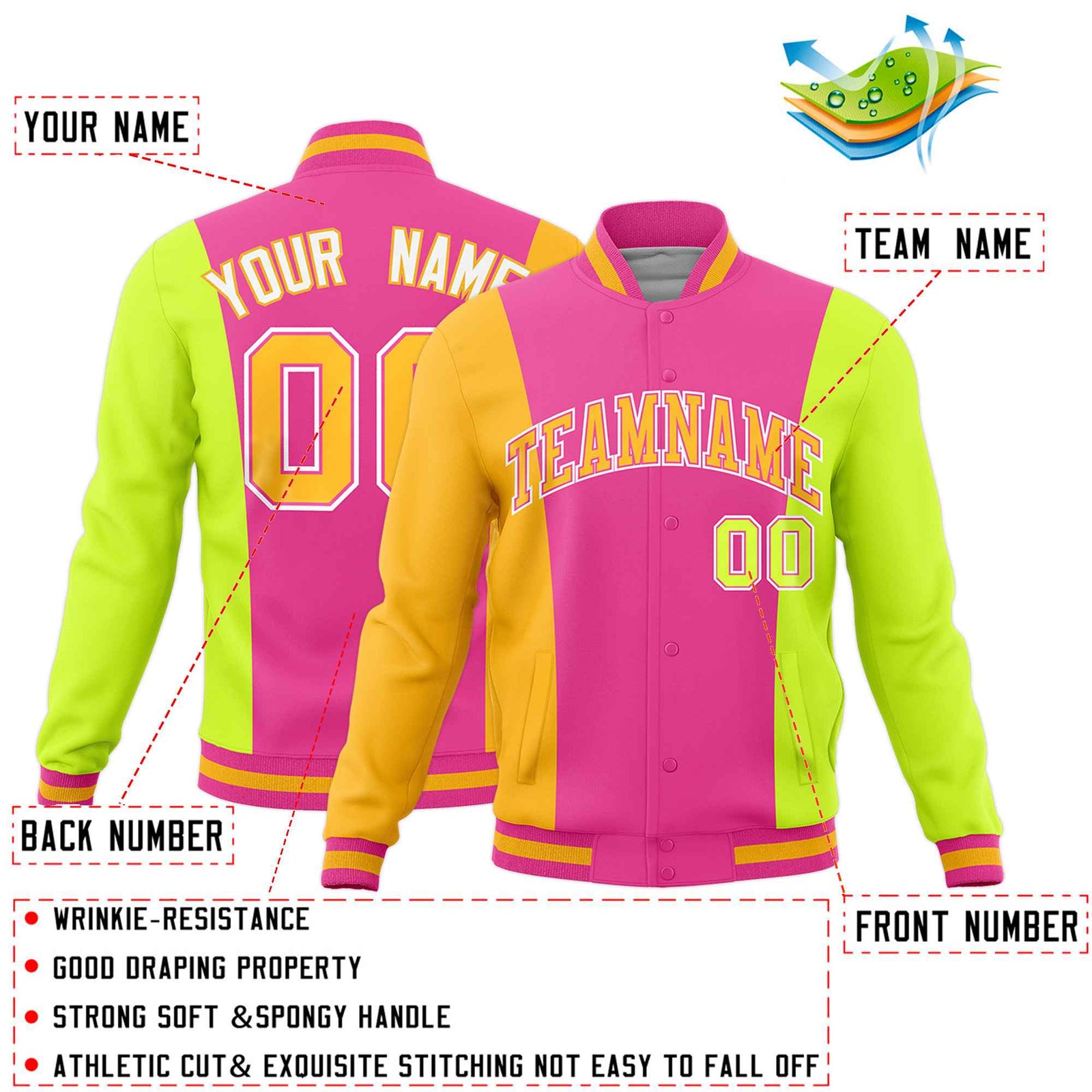 Custom Pink Yellow Fluorescent Green Personalization Varsity Full-Snap Three Color Blocks Letterman Jacket