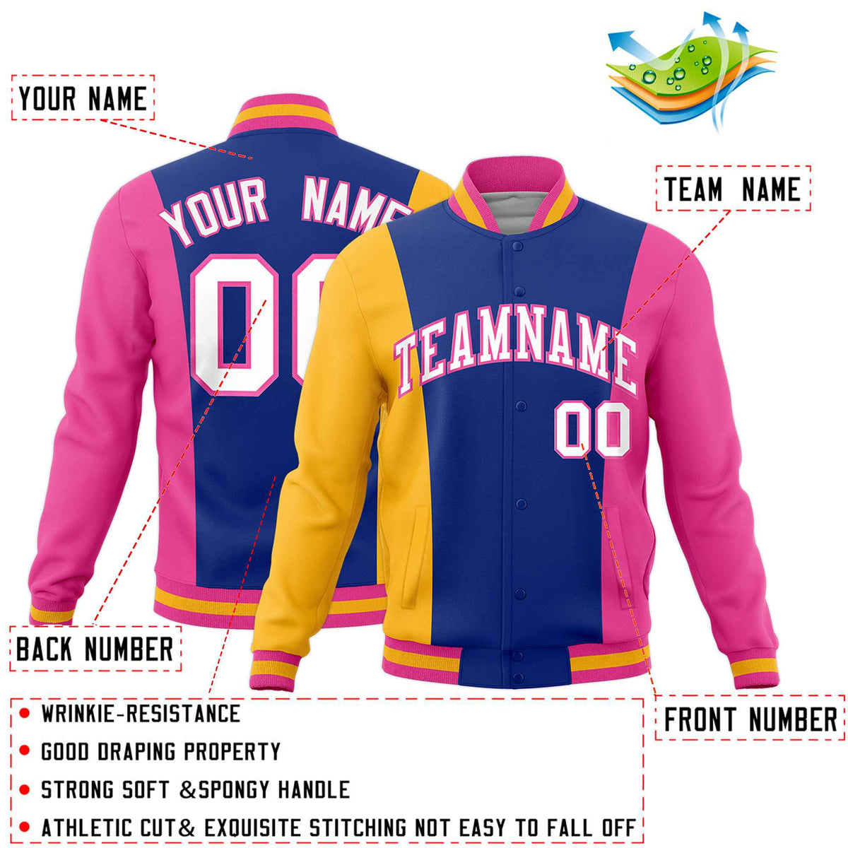 Custom Yellow Royal Blue Pink Personalization Varsity Full-Snap Three Color Blocks Letterman Jacket