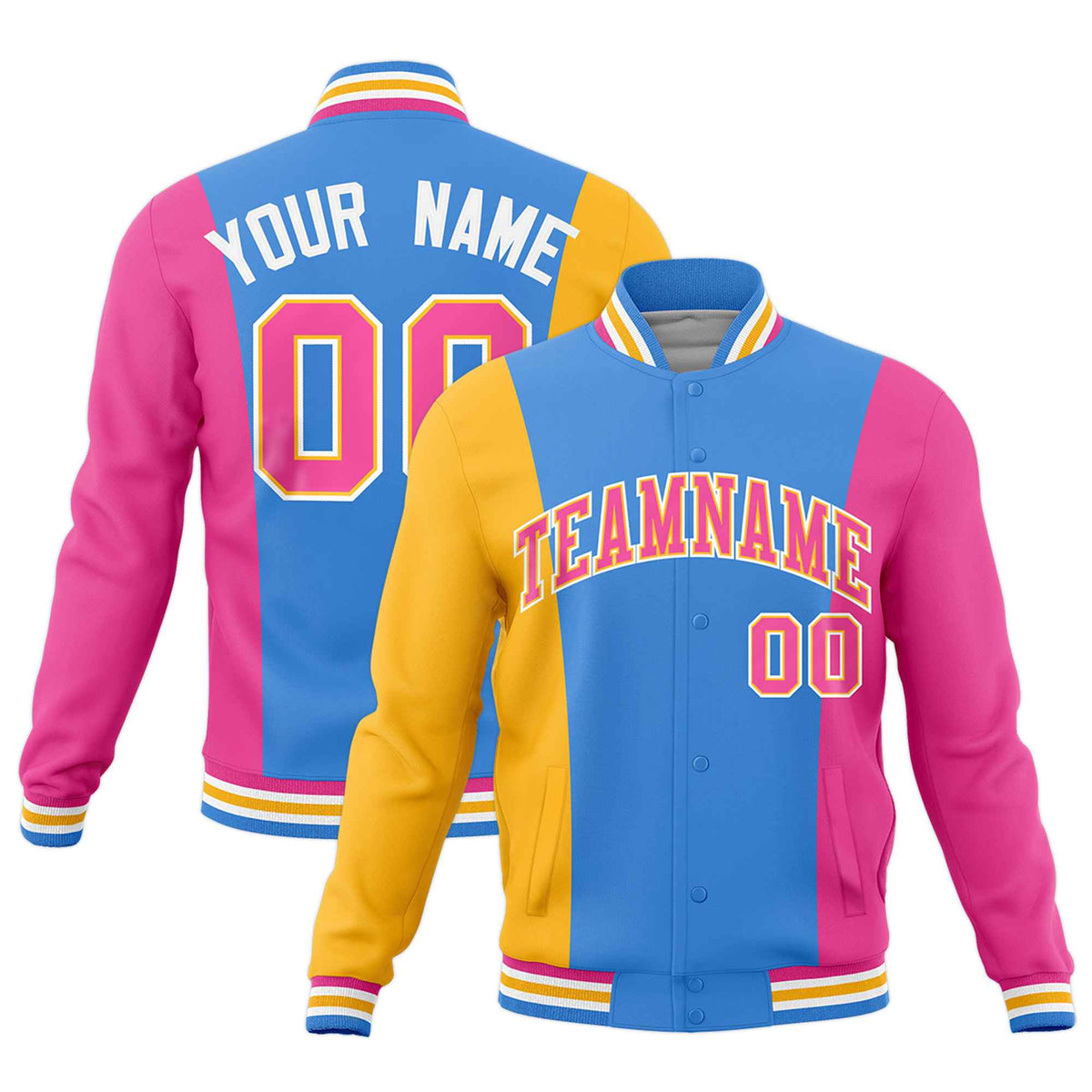 Custom Powder Blue Yellow Pink Personalization Varsity Full-Snap Three Color Blocks Letterman Jacket