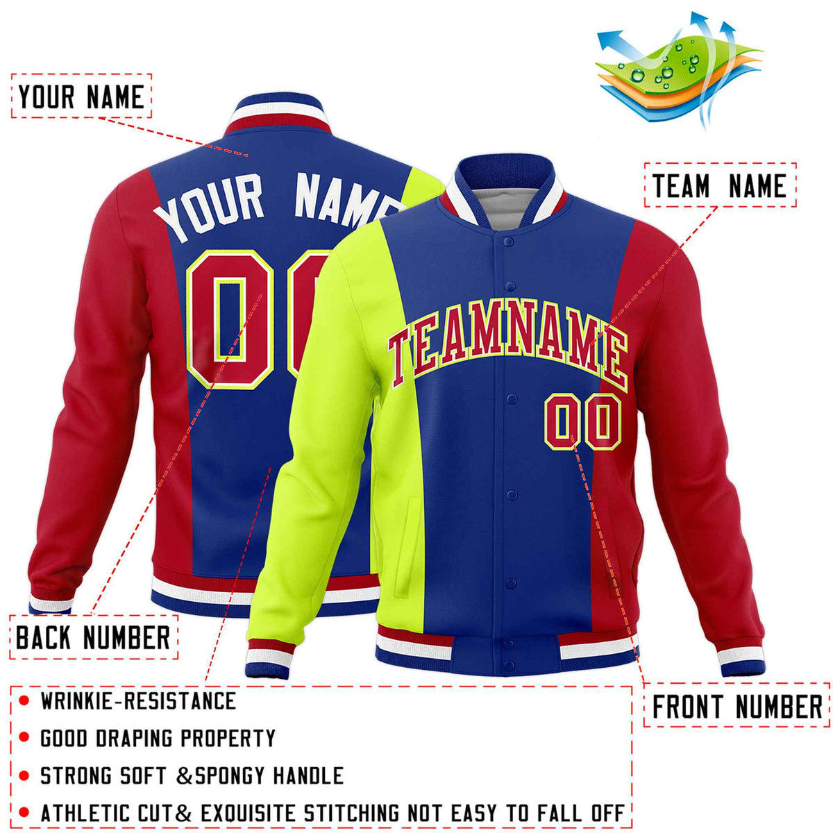 Custom Royal Blue Fluorescent Green Red Personalization Varsity Full-Snap Three Color Blocks Letterman Jacket