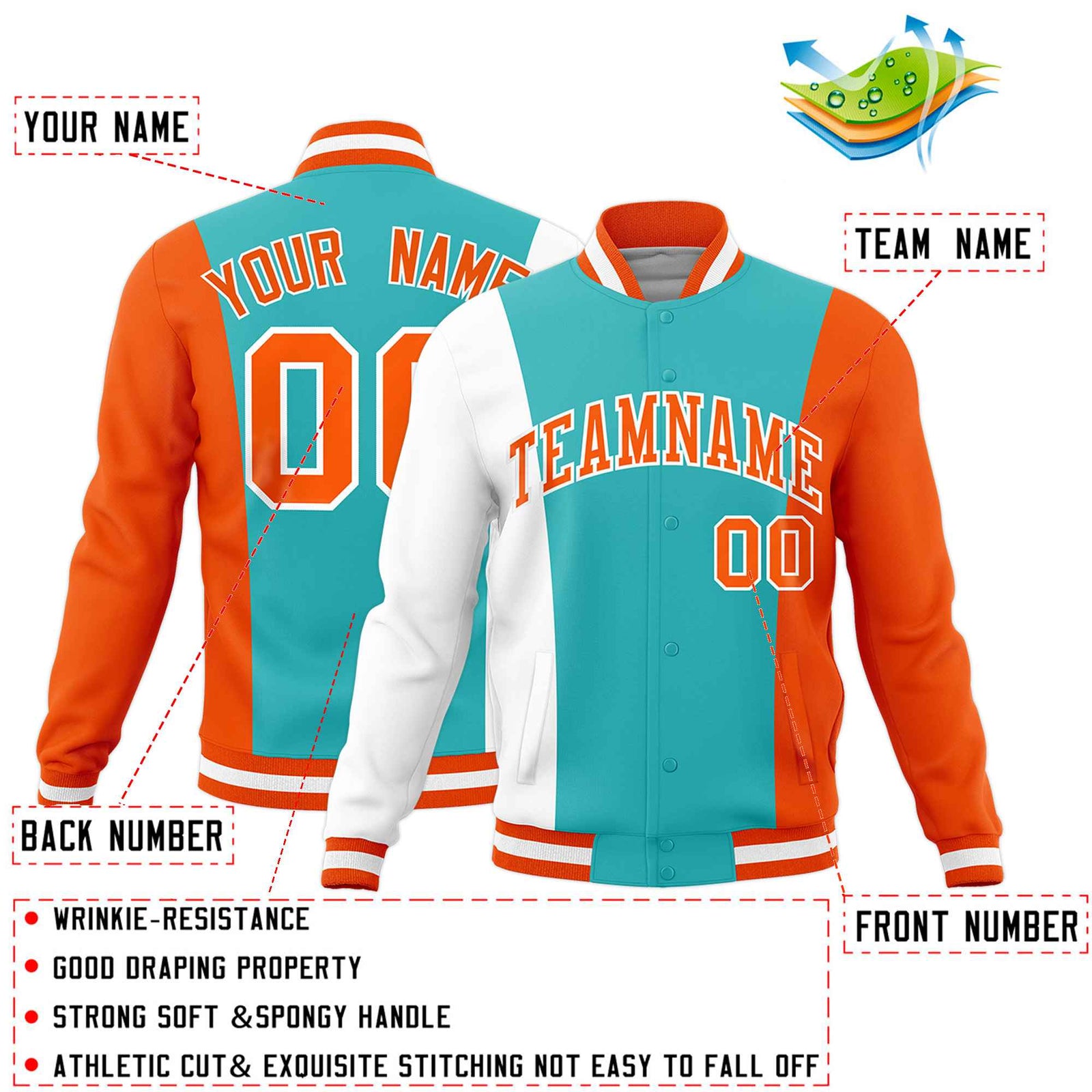 Custom Teal White Orange Personalization Varsity Full-Snap Three Color Blocks Letterman Jacket