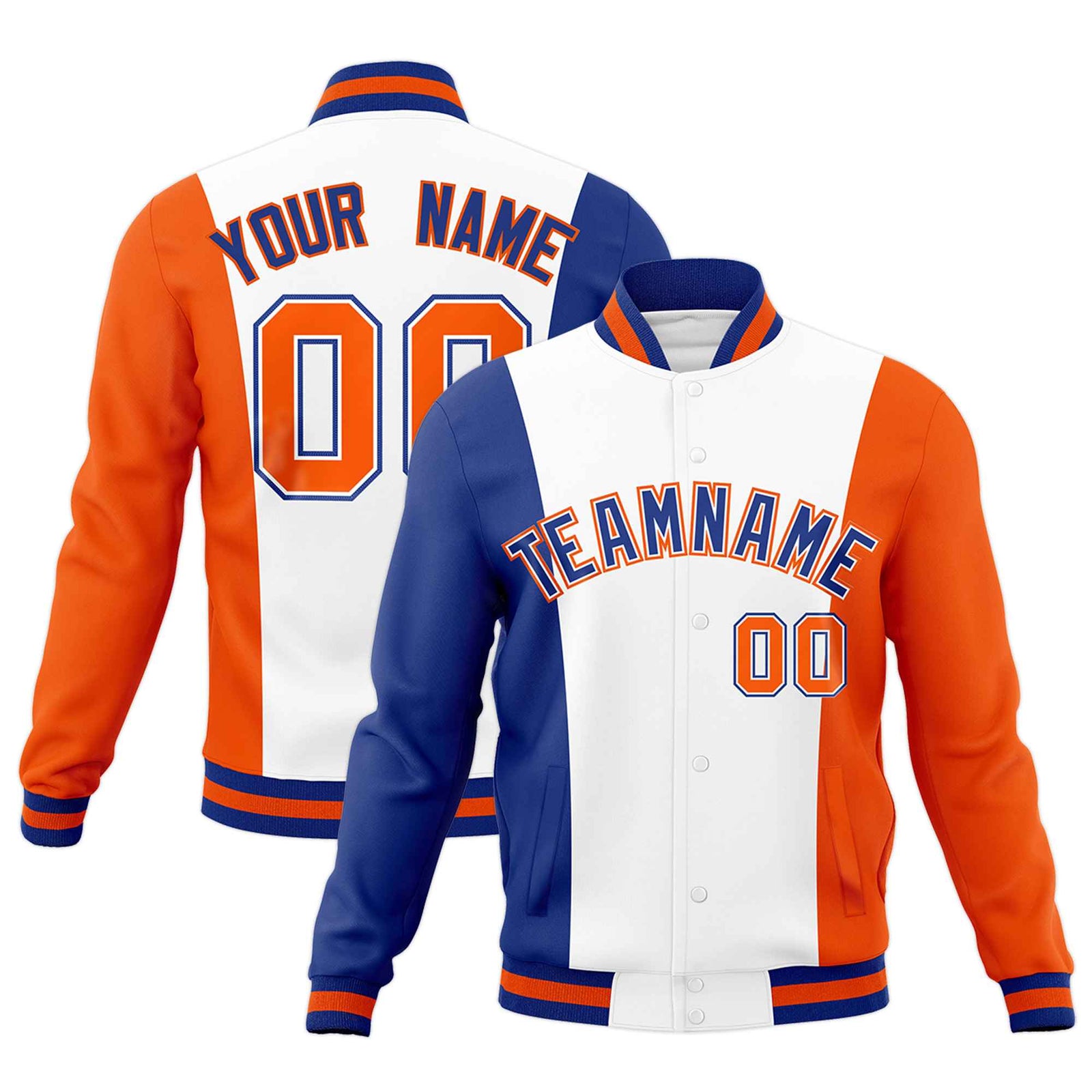 Custom White Royal Blue Orange Personalization Varsity Full-Snap Three Color Blocks Letterman Jacket