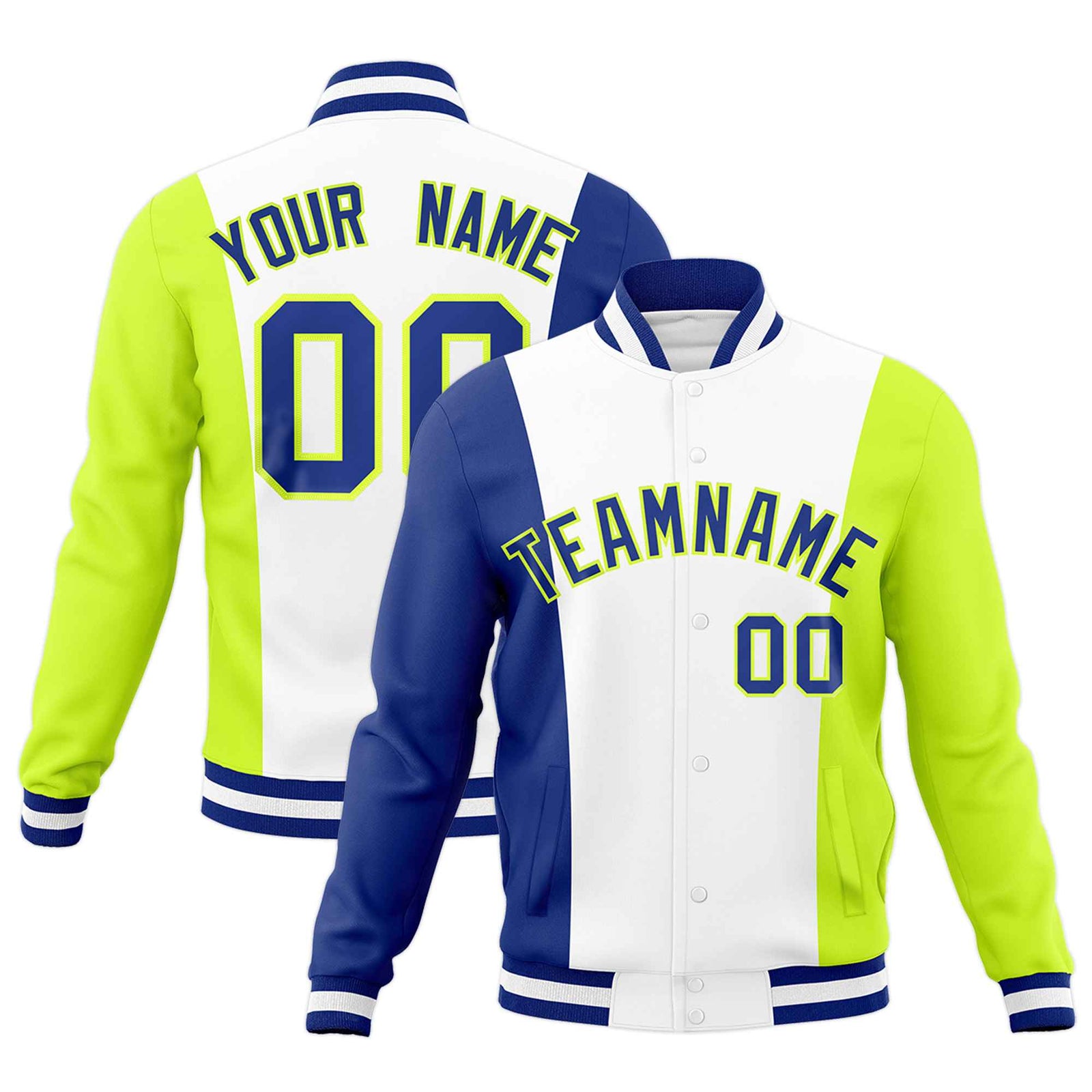 Custom White Royal Blue Fluorescent Green Personalization Varsity Full-Snap Three Color Blocks Letterman Jacket