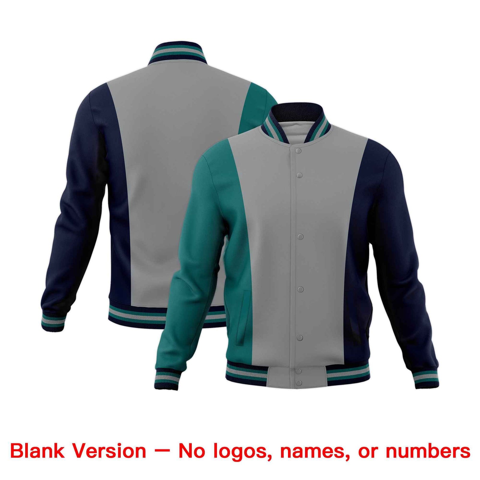 Custom Gray Teal Navy Personalization Varsity Full-Snap Three Color Blocks Letterman Jacket