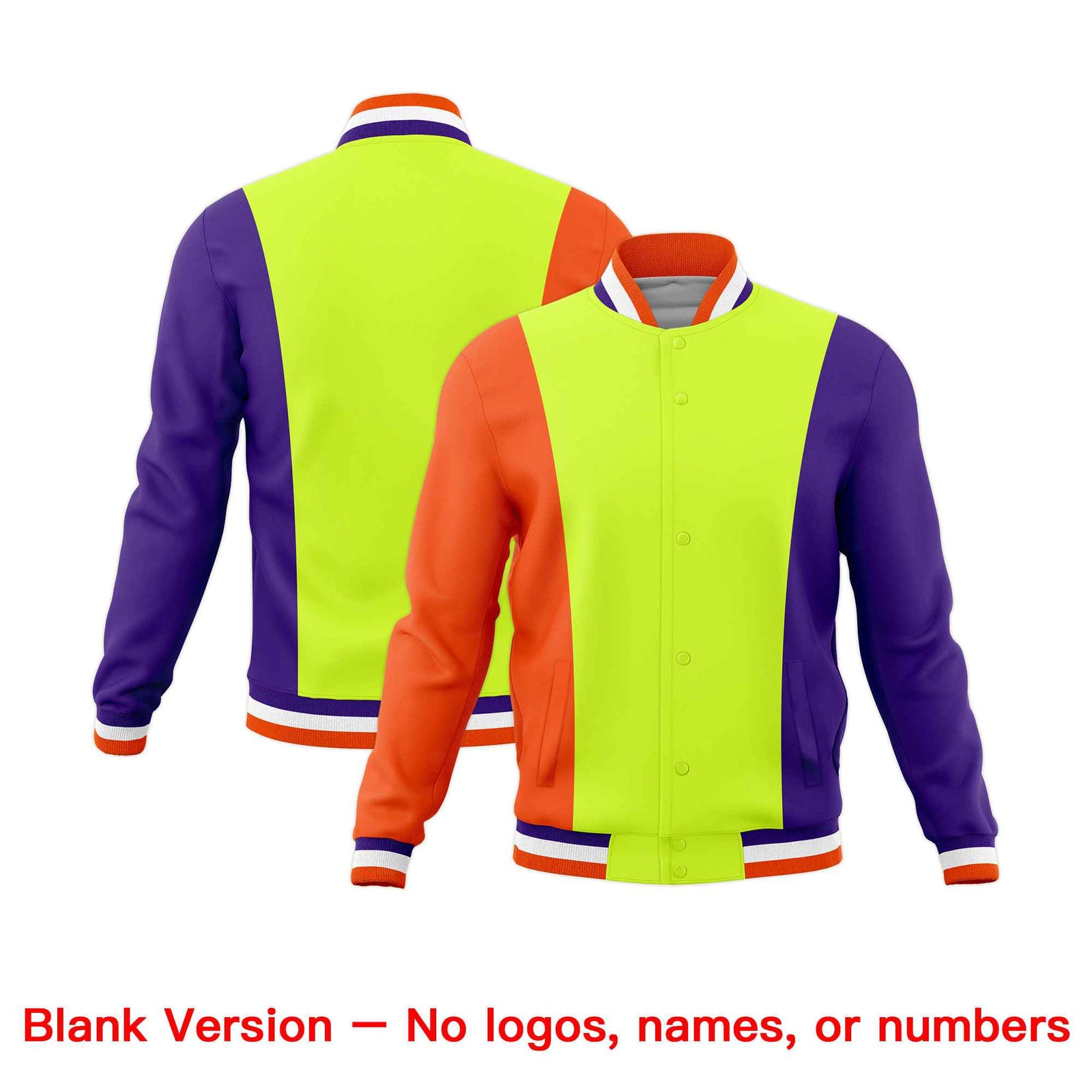 Custom Fluorescent Green Orange Purple Personalization Varsity Full-Snap Three Color Blocks Letterman Jacket
