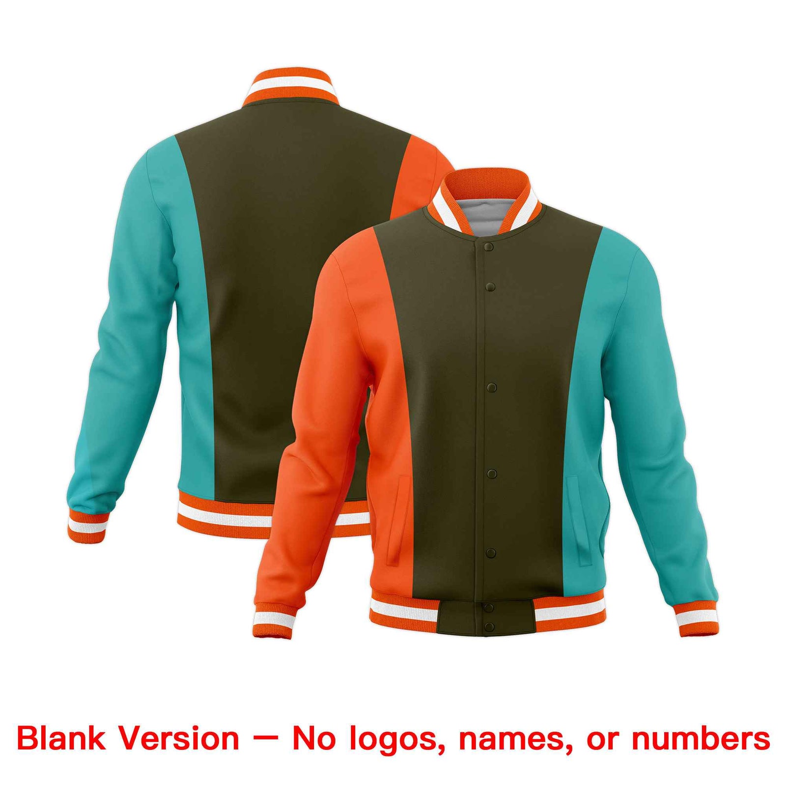 Custom Olive Orange Teal Personalization Varsity Full-Snap Three Color Blocks Letterman Jacket