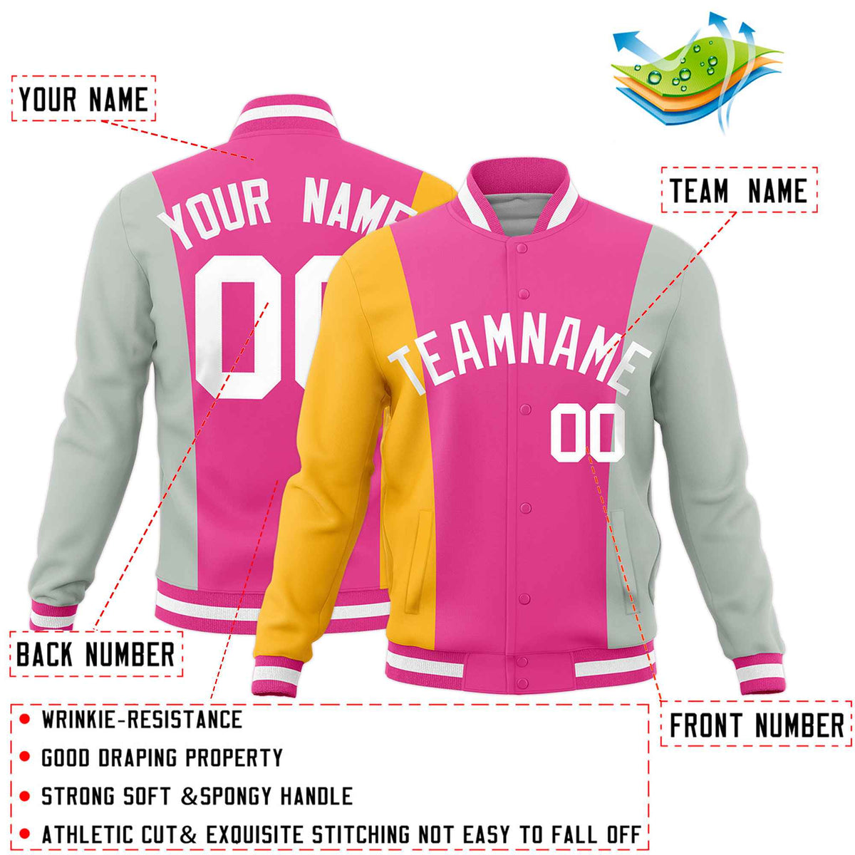 Custom Pink Yellow Gray Personalization Varsity Full-Snap Three Color Blocks Letterman Jacket