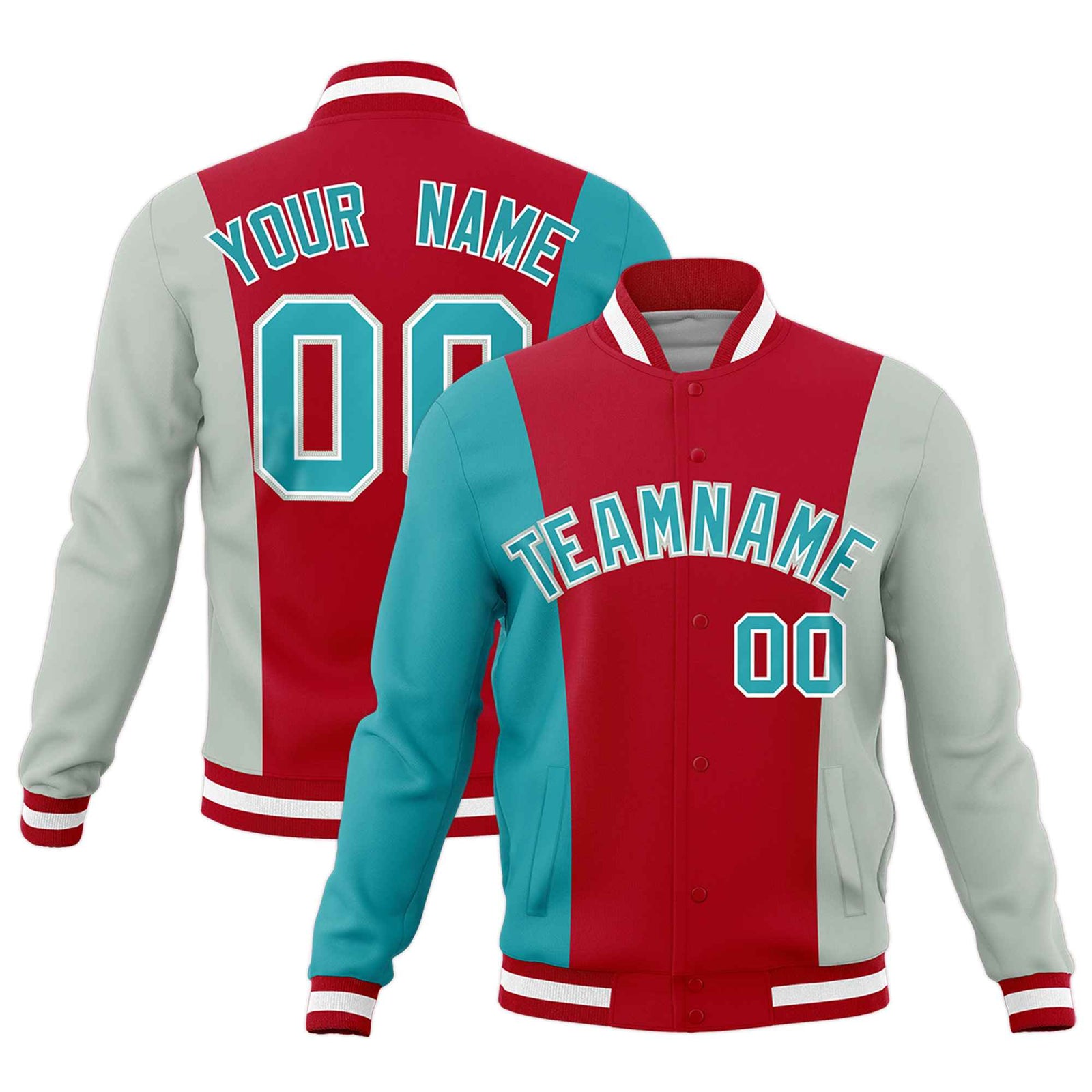 Custom Red Aqua Gray Personalization Varsity Full-Snap Three Color Blocks Letterman Jacket