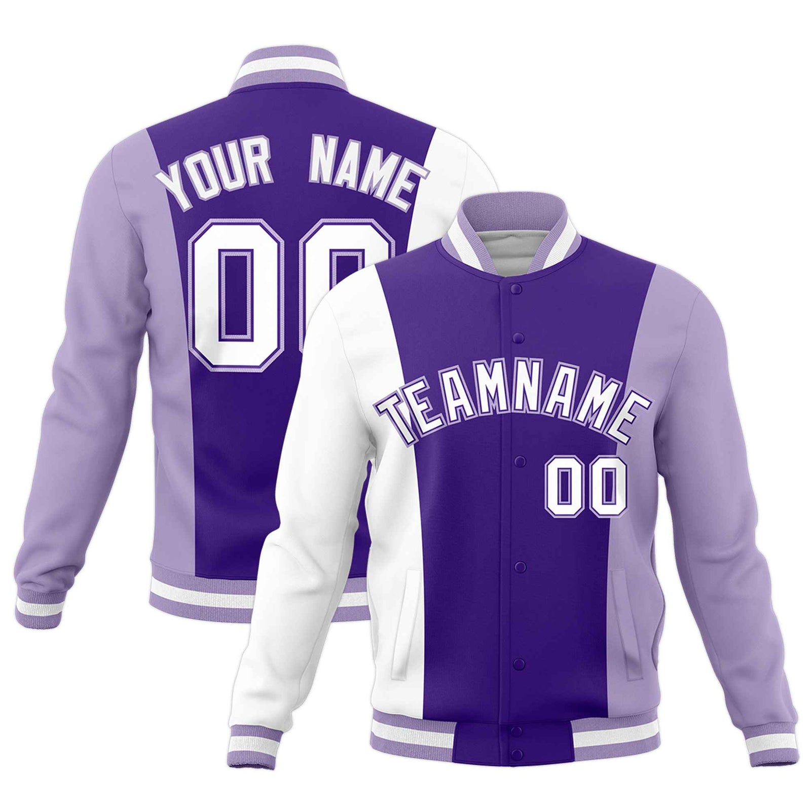 Custom Purple White Light Purple Personalization Varsity Full-Snap Three Color Blocks Letterman Jacket