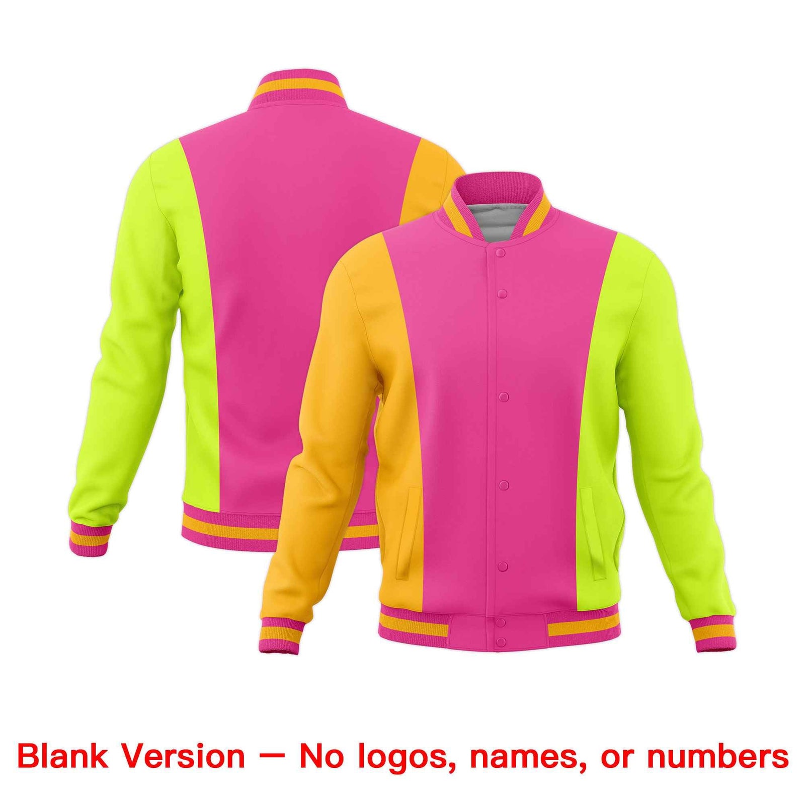 Custom Pink Yellow Fluorescent Green Personalization Varsity Full-Snap Three Color Blocks Letterman Jacket| KXKSHOP