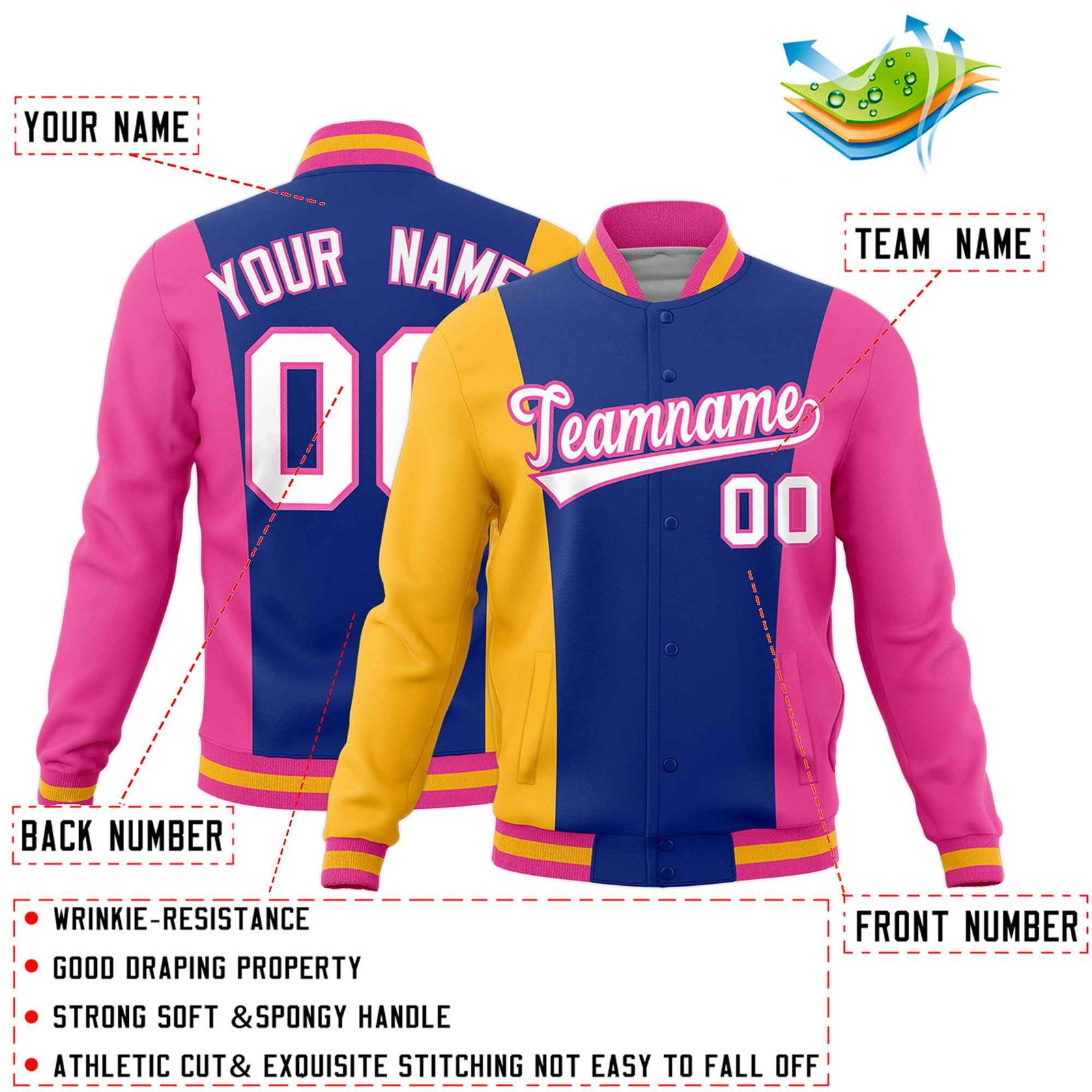 Custom Yellow Royal Blue Pink Personalization Varsity Full-Snap Three Color Blocks Letterman Jacket| KXKSHOP