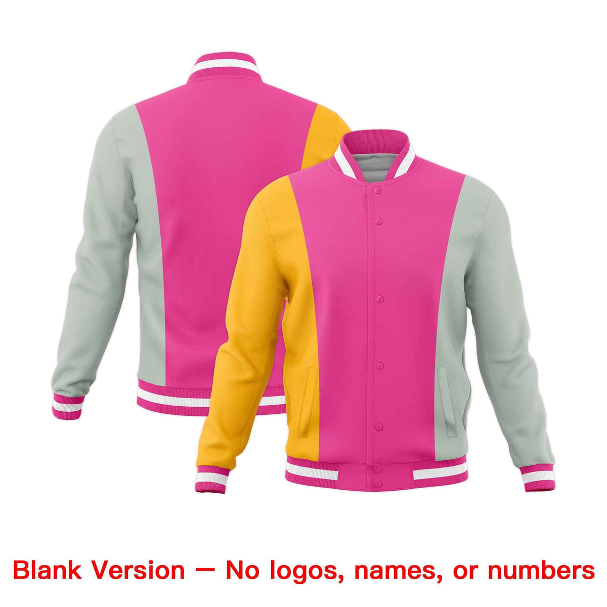 Custom Pink Yellow Gray Personalization Varsity Full-Snap Three Color Blocks Letterman Jacket| KXKSHOP