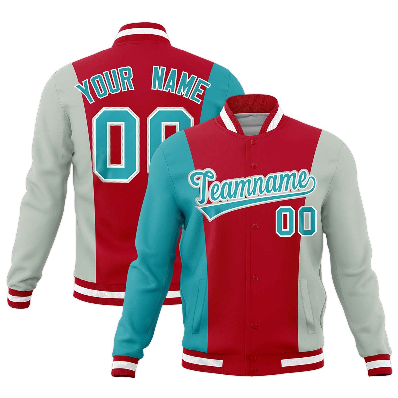 Custom Red Aqua Gray Personalization Varsity Full-Snap Three Color Blocks Letterman Jacket| KXKSHOP
