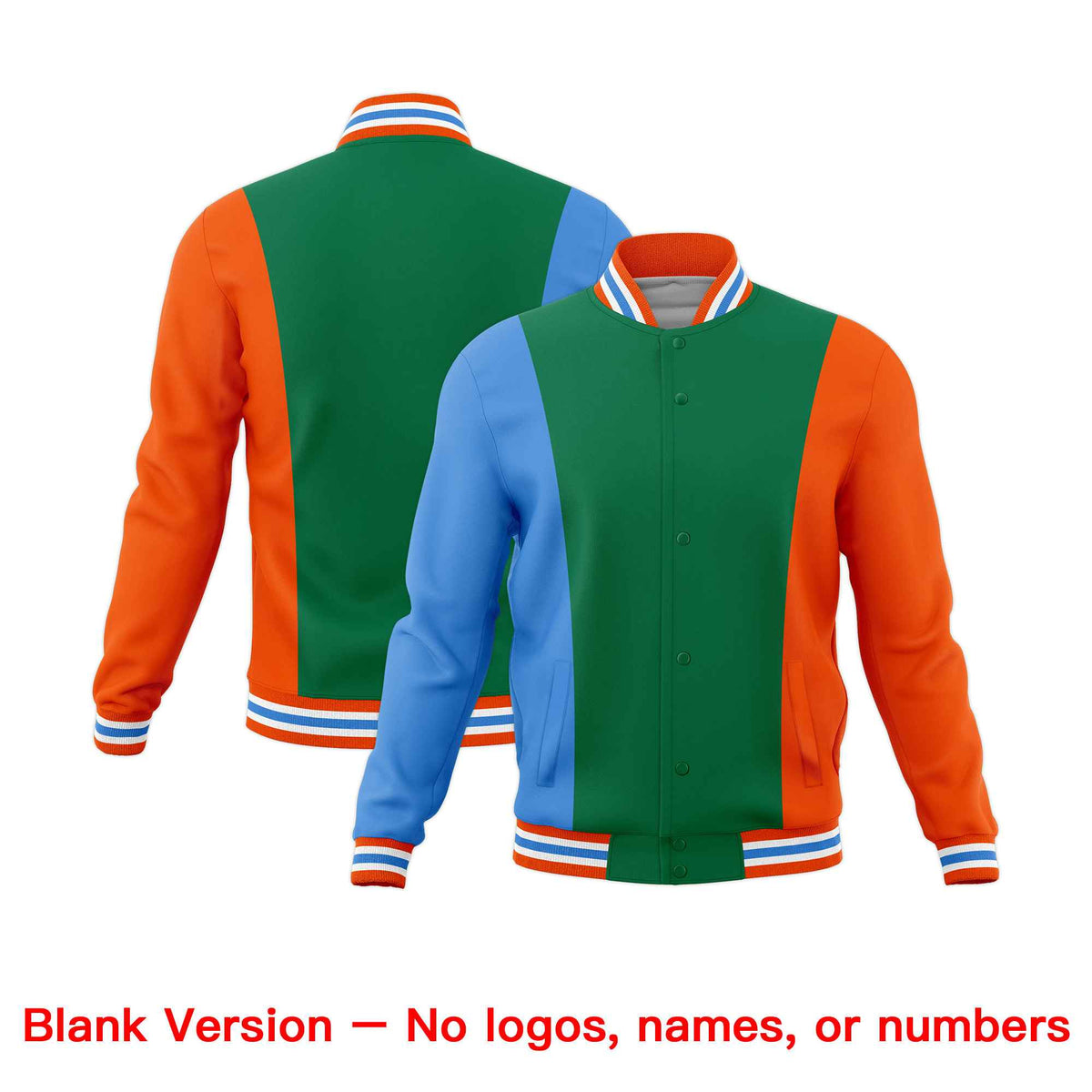 Custom Kelly Green Powder Blue Orange Personalization Varsity Full-Snap Three Color Blocks Letterman Jacket| KXKSHOP