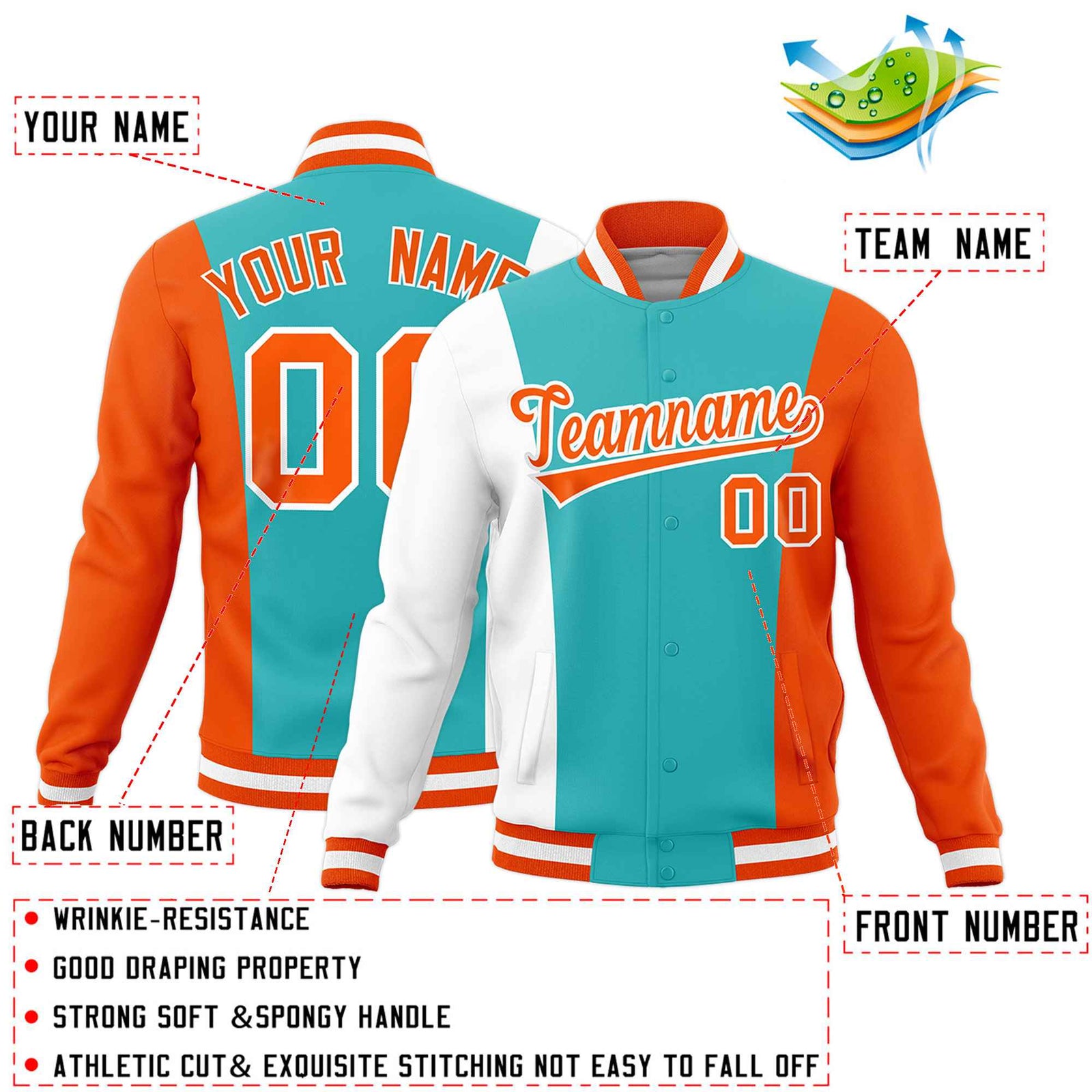 Custom Teal White Orange Personalization Varsity Full-Snap Three Color Blocks Letterman Jacket| KXKSHOP